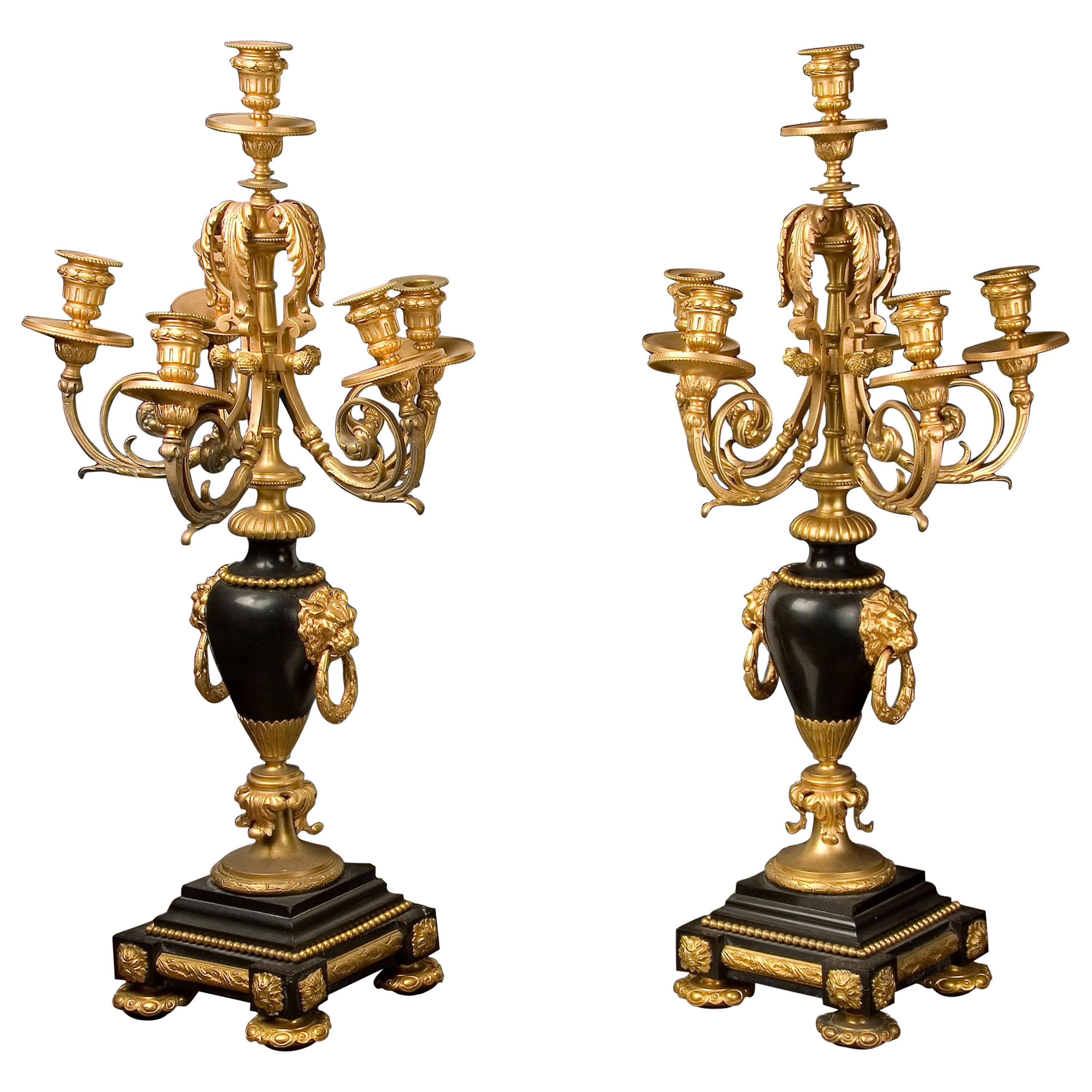 Pair of Candelabras, Belgian Bronze and Marble, 19th Century