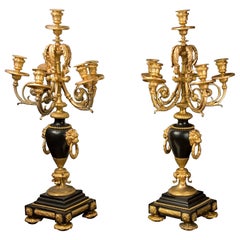 Pair of Candelabras, Belgian Bronze and Marble, 19th Century