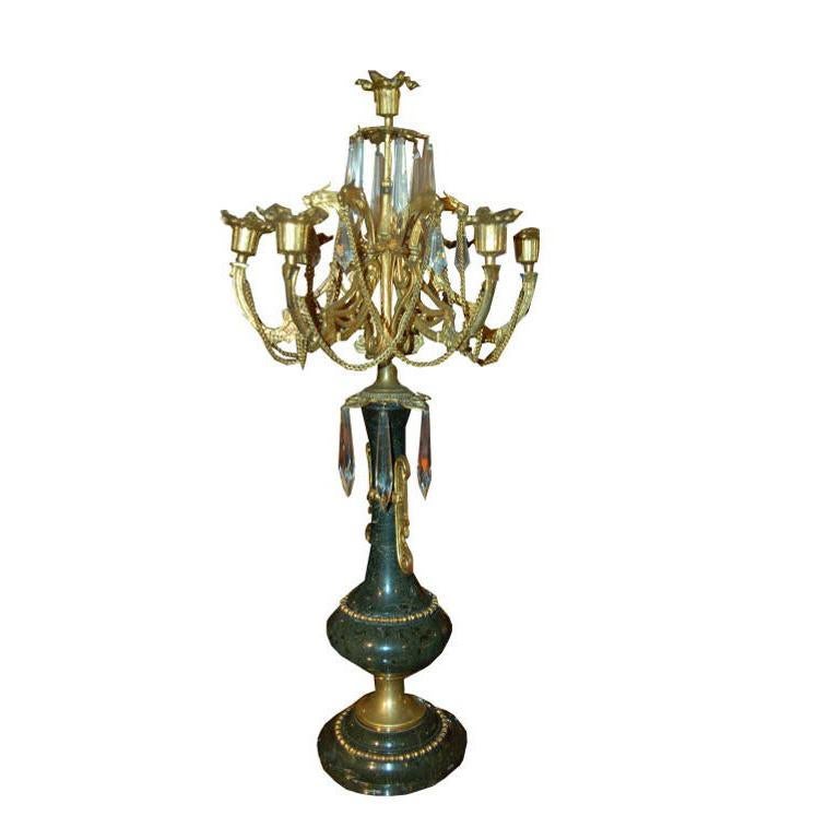 Coppia di candelabri, dorati a fuoco con marmo verde e tropea in cristallo di Boemia