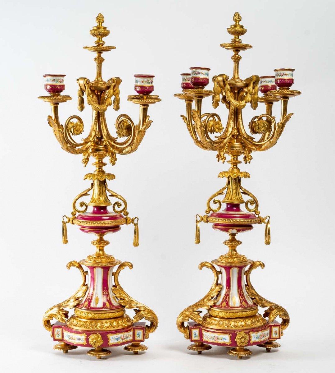 Napoleon III Pair of Candelabras in Gilt Bronze and Sèvres Porcelain End 19th Century