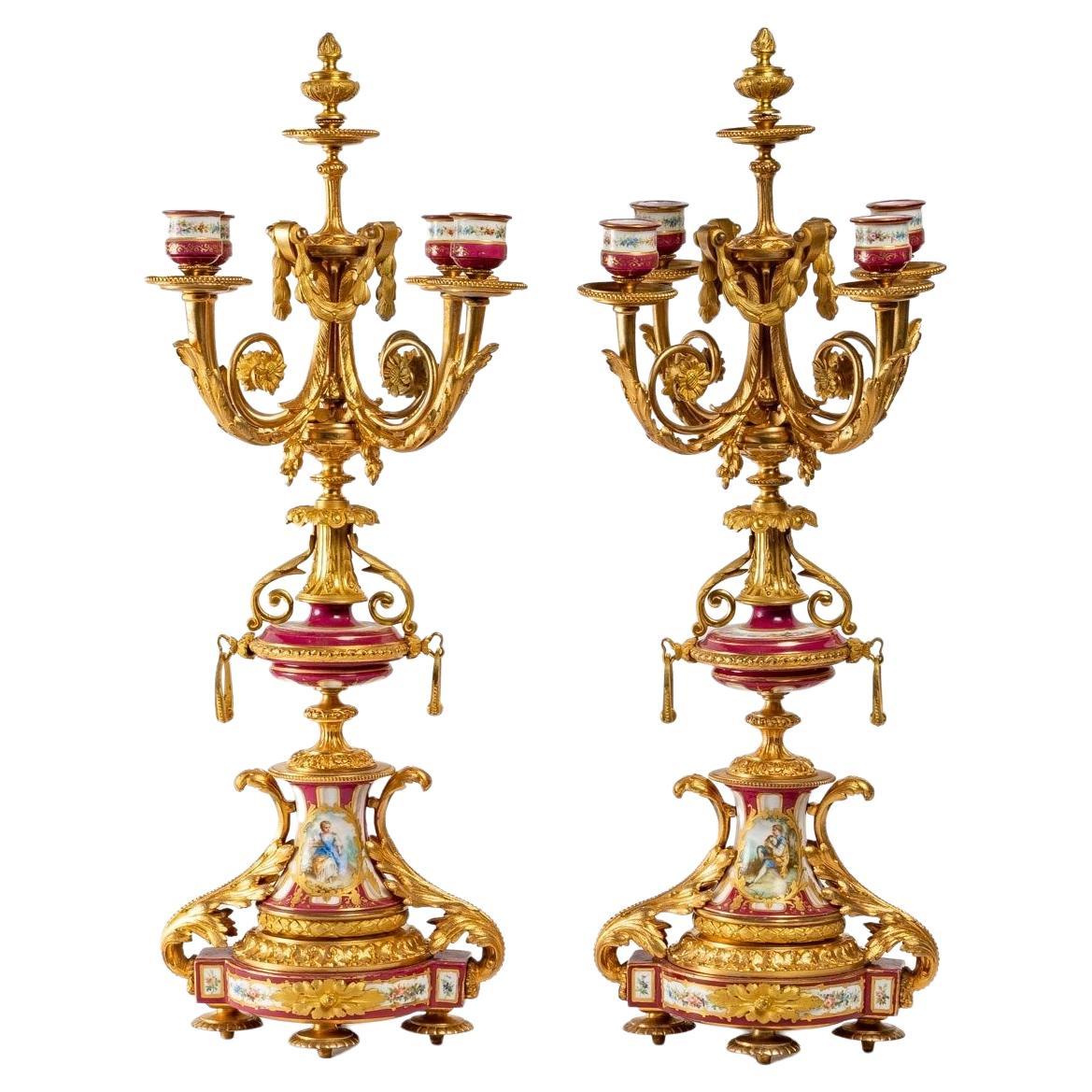 Pair of Candelabras in Gilt Bronze and Sèvres Porcelain End 19th Century