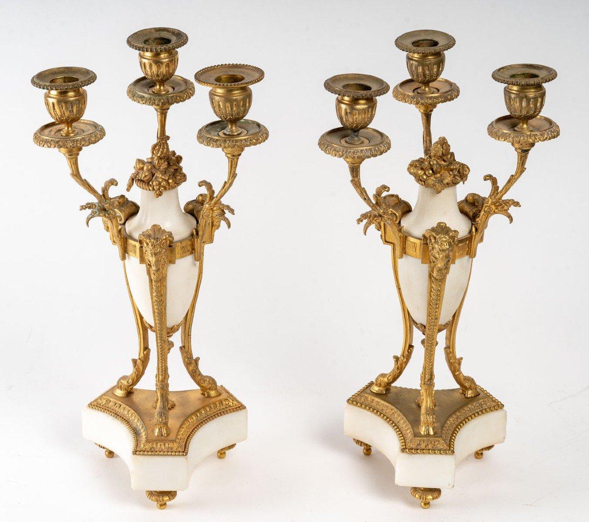 European Pair of Candelabras in Gilt Bronze and White Marble