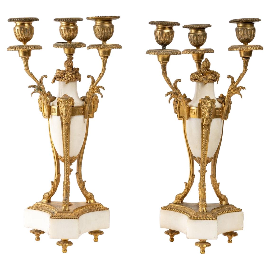 Pair of Candelabras in Gilt Bronze and White Marble