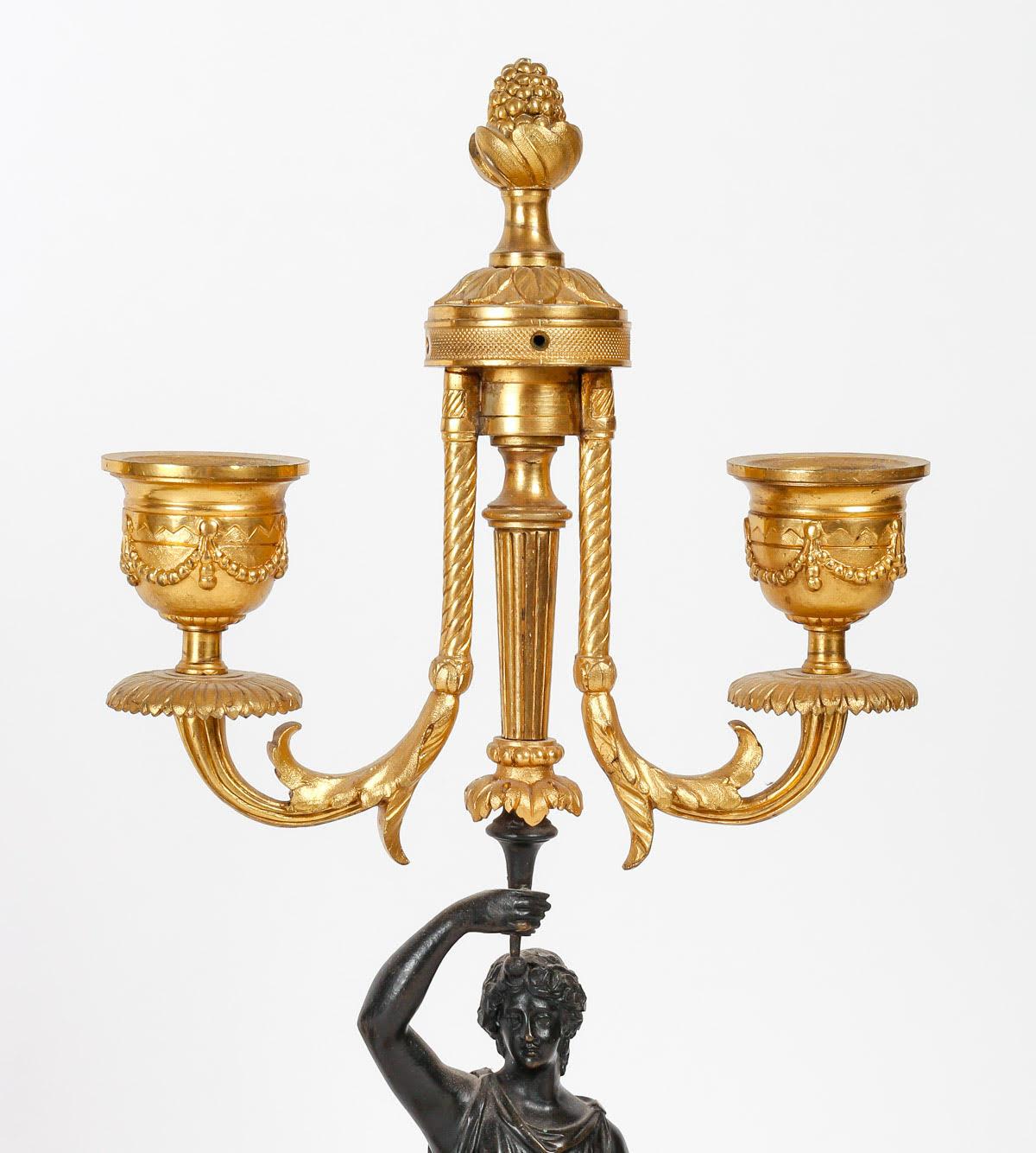  Pair of Candelabras in Patinated and Gilded Bronze, Charles X Period. For Sale 2