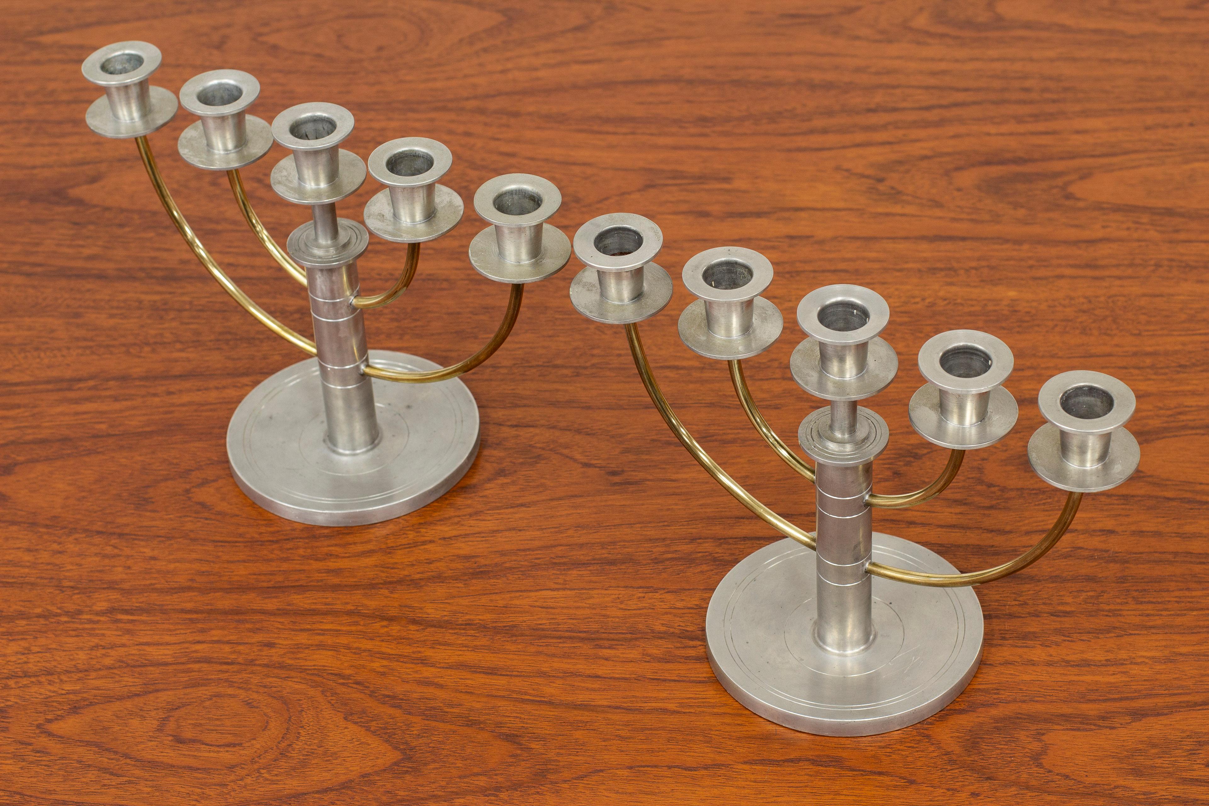 Scandinavian Modern Pair of Candelabras in Pewter and Brass by C.G. Hallberg, Sweden, 1933 For Sale