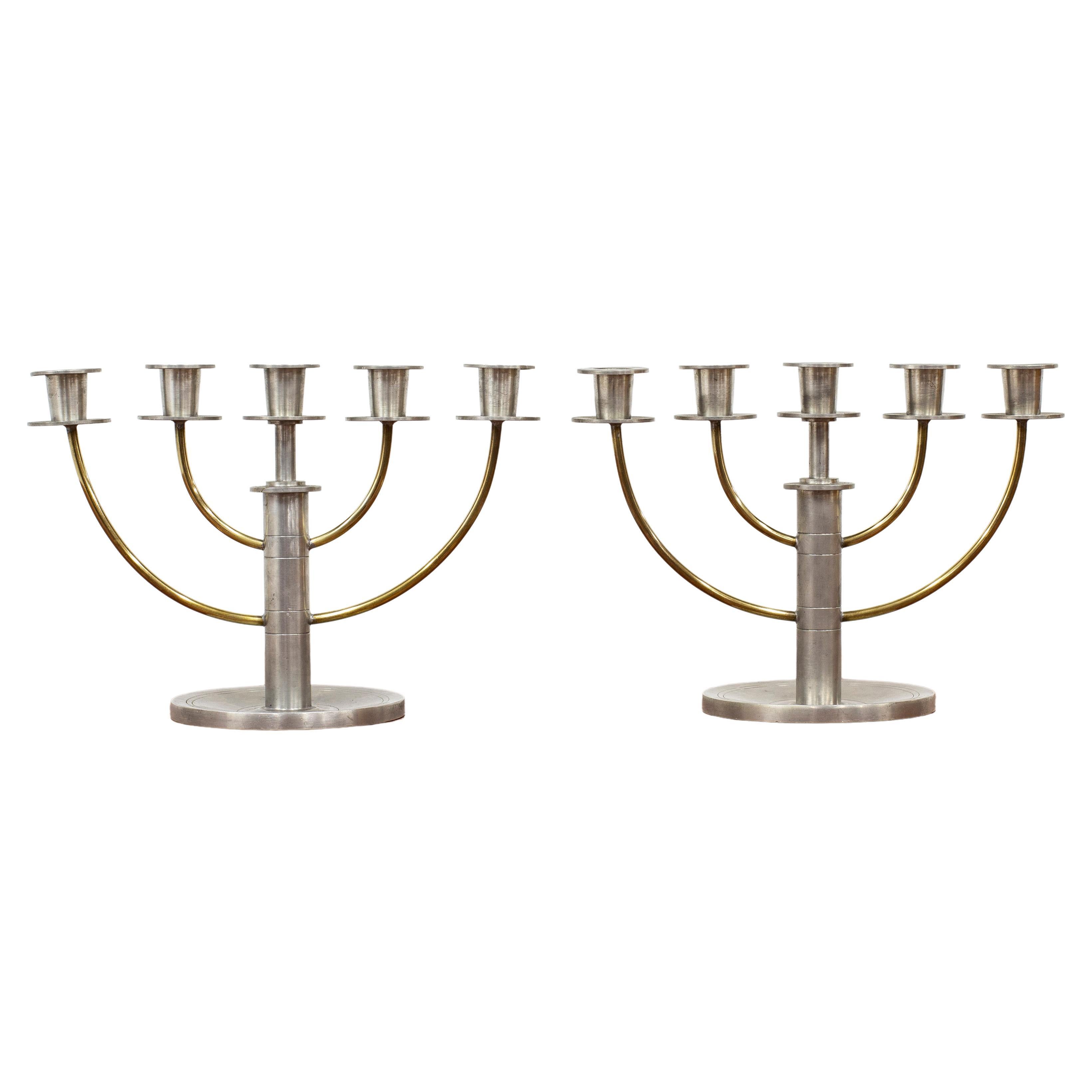 Pair of Candelabras in Pewter and Brass by C.G. Hallberg, Sweden, 1933