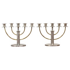 Pair of Candelabras in Pewter and Brass by C.G. Hallberg, Sweden, 1933