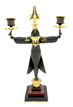 Pair of Candelabras Isis Egypt Godess Marble Granite Bronze, France