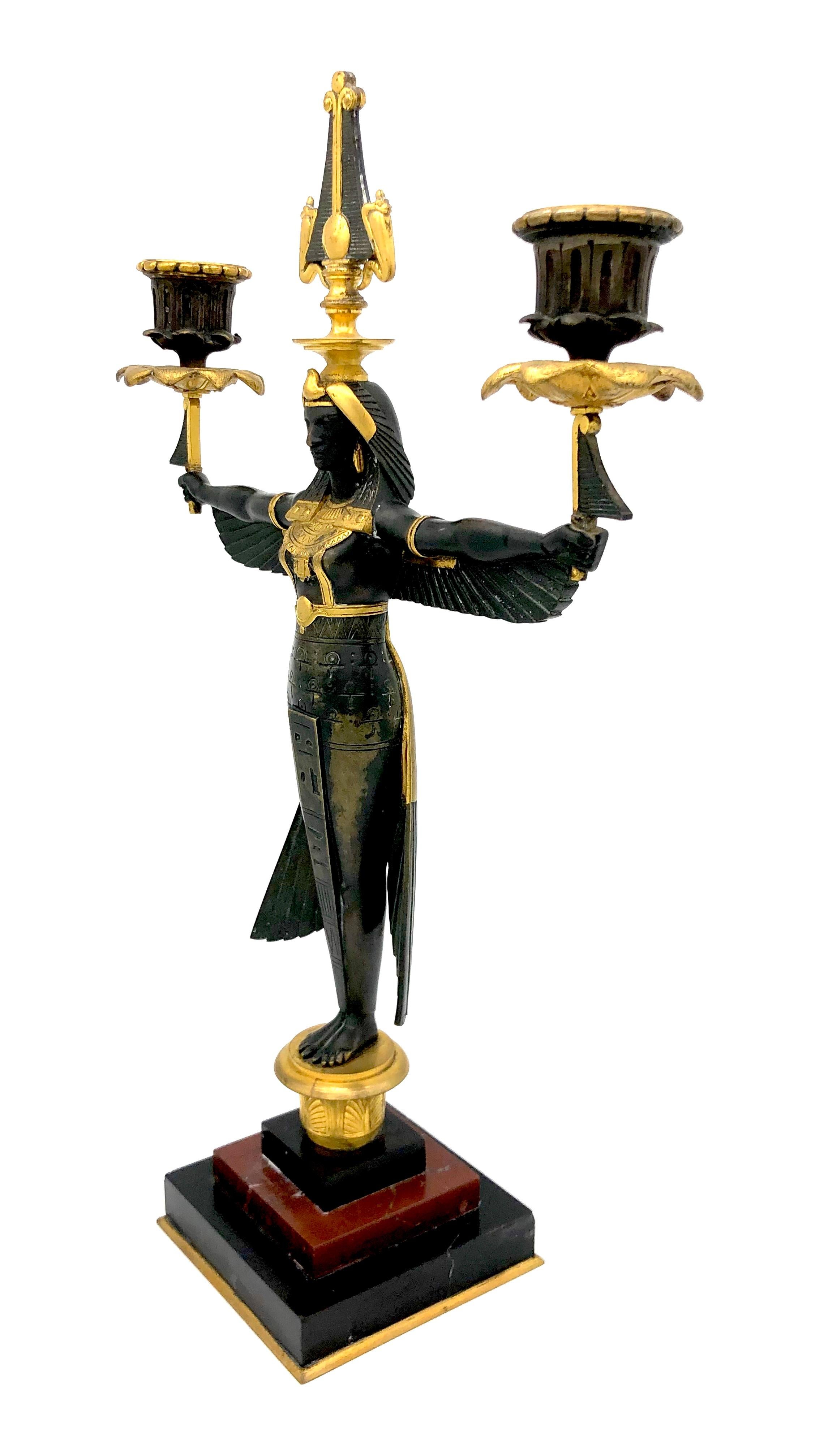 Early 20th Century Pair of Candelabras Isis Egypt Godess Marble Granite Bronze, France For Sale