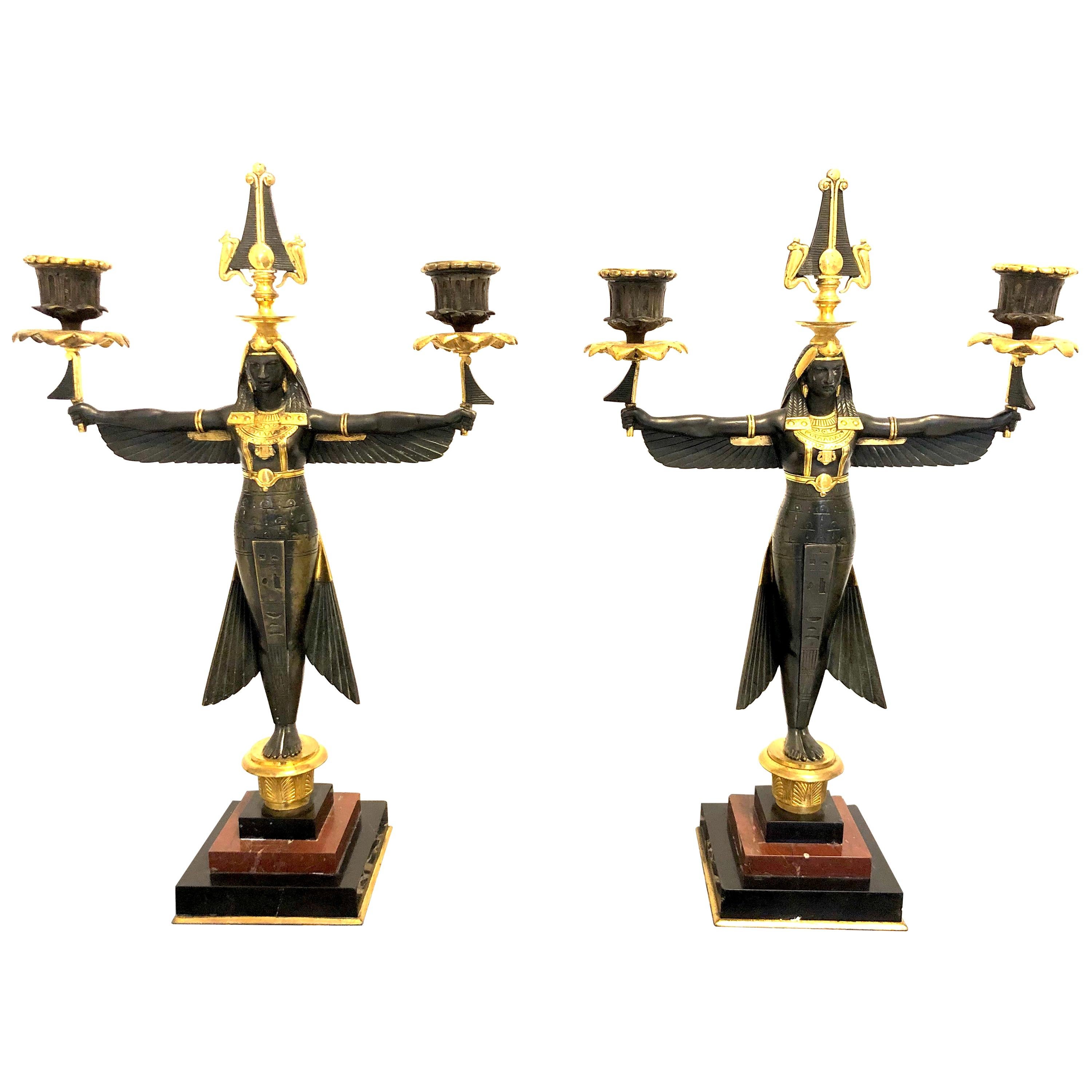 Pair of Candelabras Isis Egypt Godess Marble Granite Bronze, France For Sale