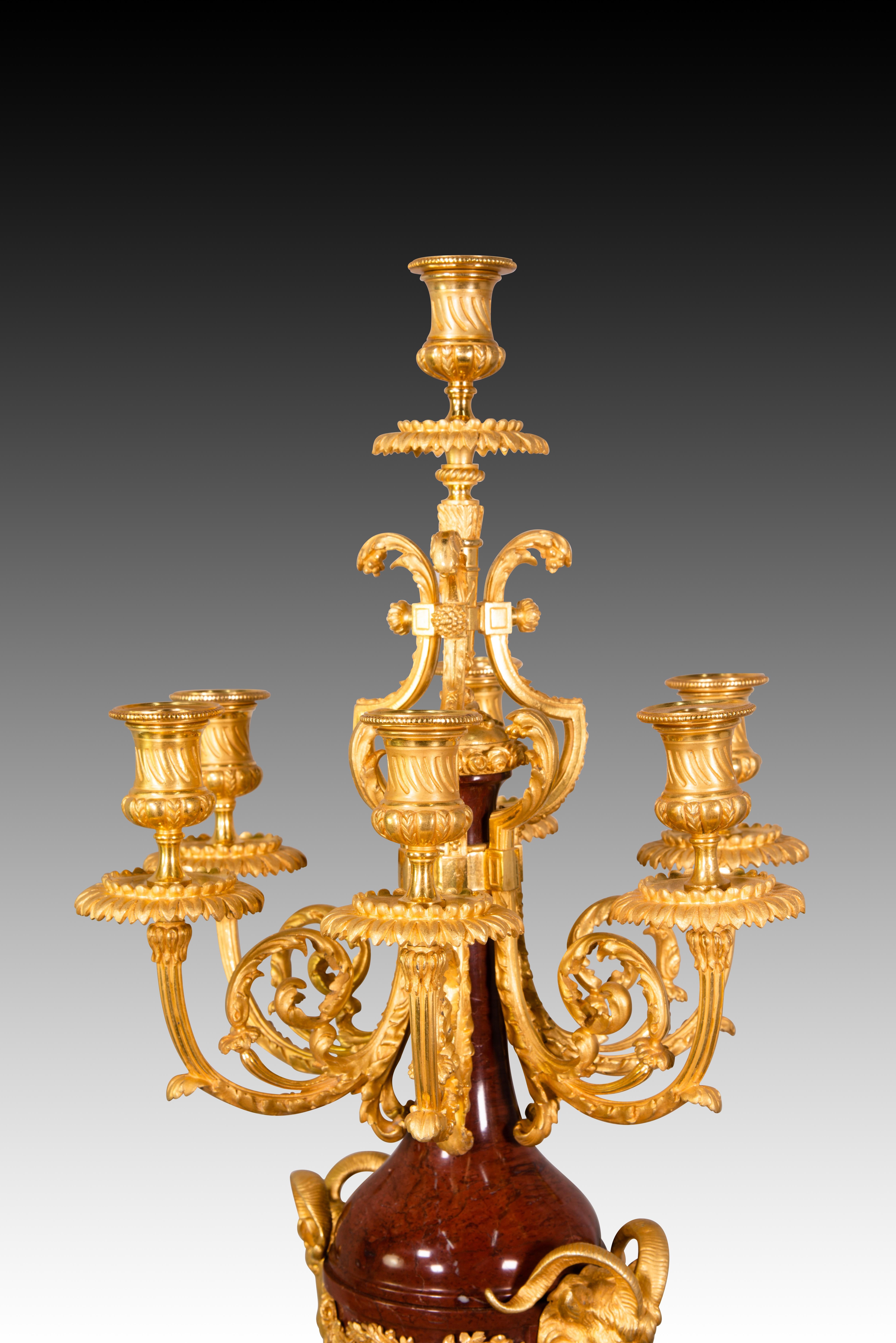 Neoclassical Revival Pair of candelabras. Rouge Griotte marble, gilt bronze. France, 19th century For Sale