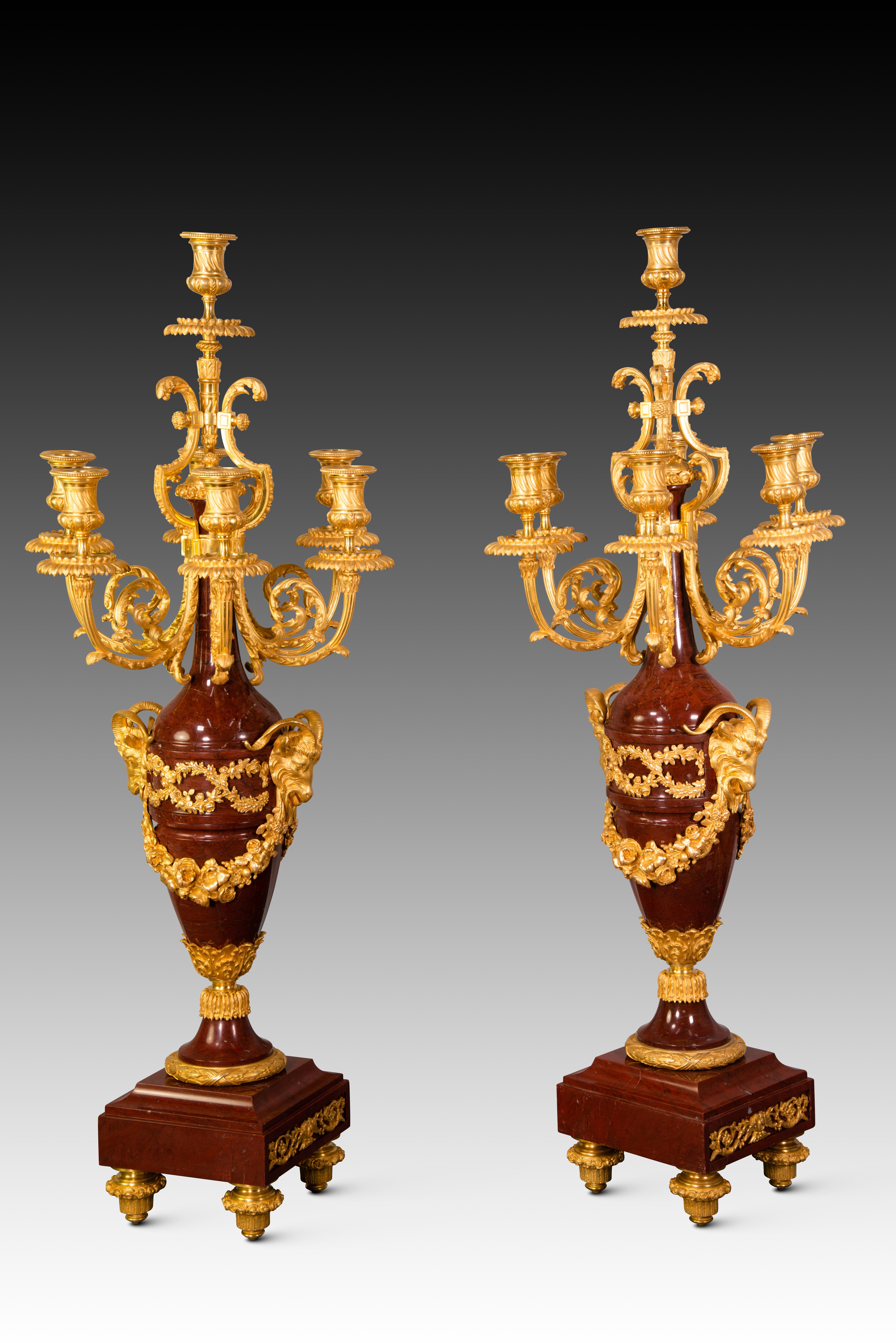 French Pair of candelabras. Rouge Griotte marble, gilt bronze. France, 19th century For Sale