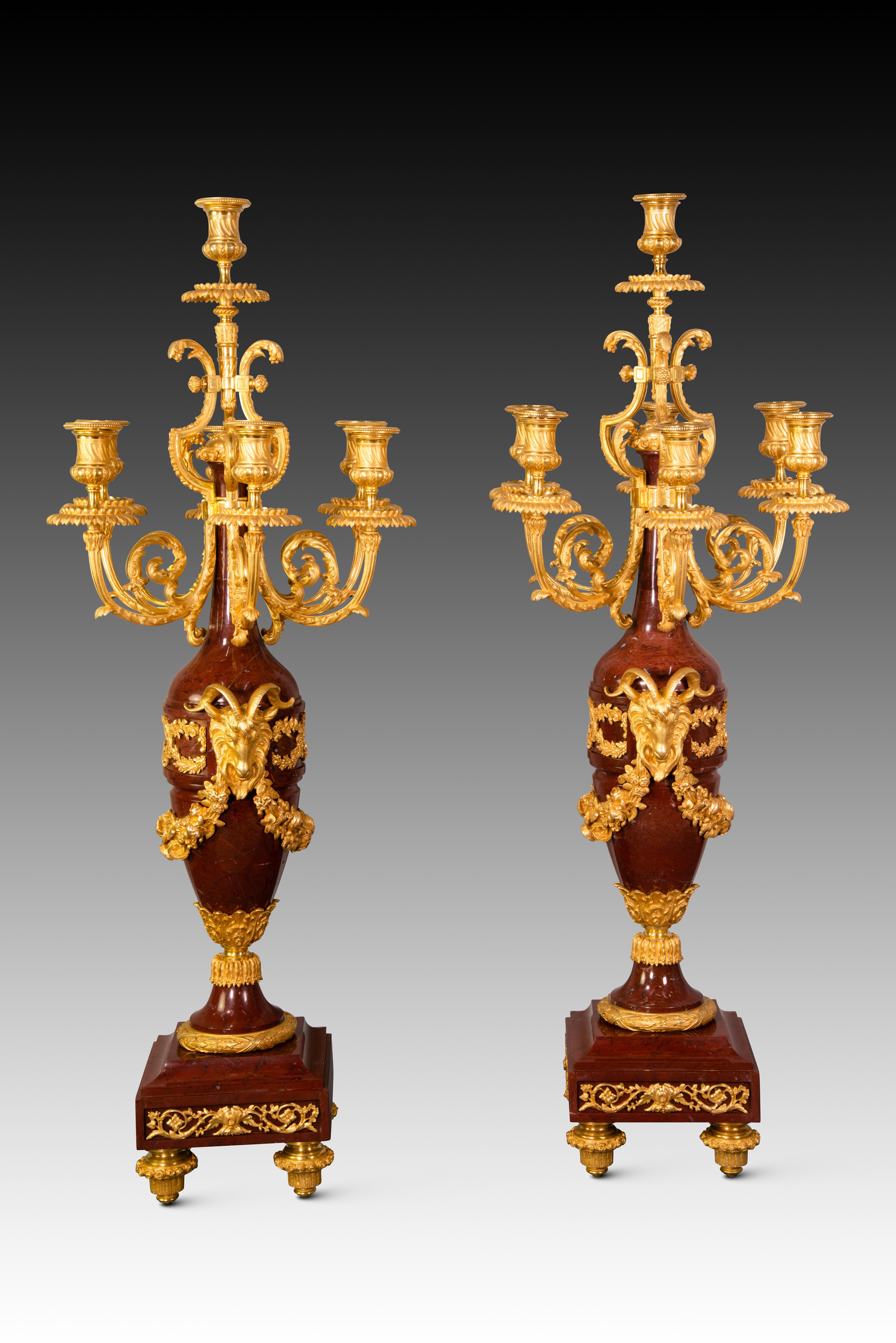 19th Century Pair of candelabras. Rouge Griotte marble, gilt bronze. France, 19th century For Sale