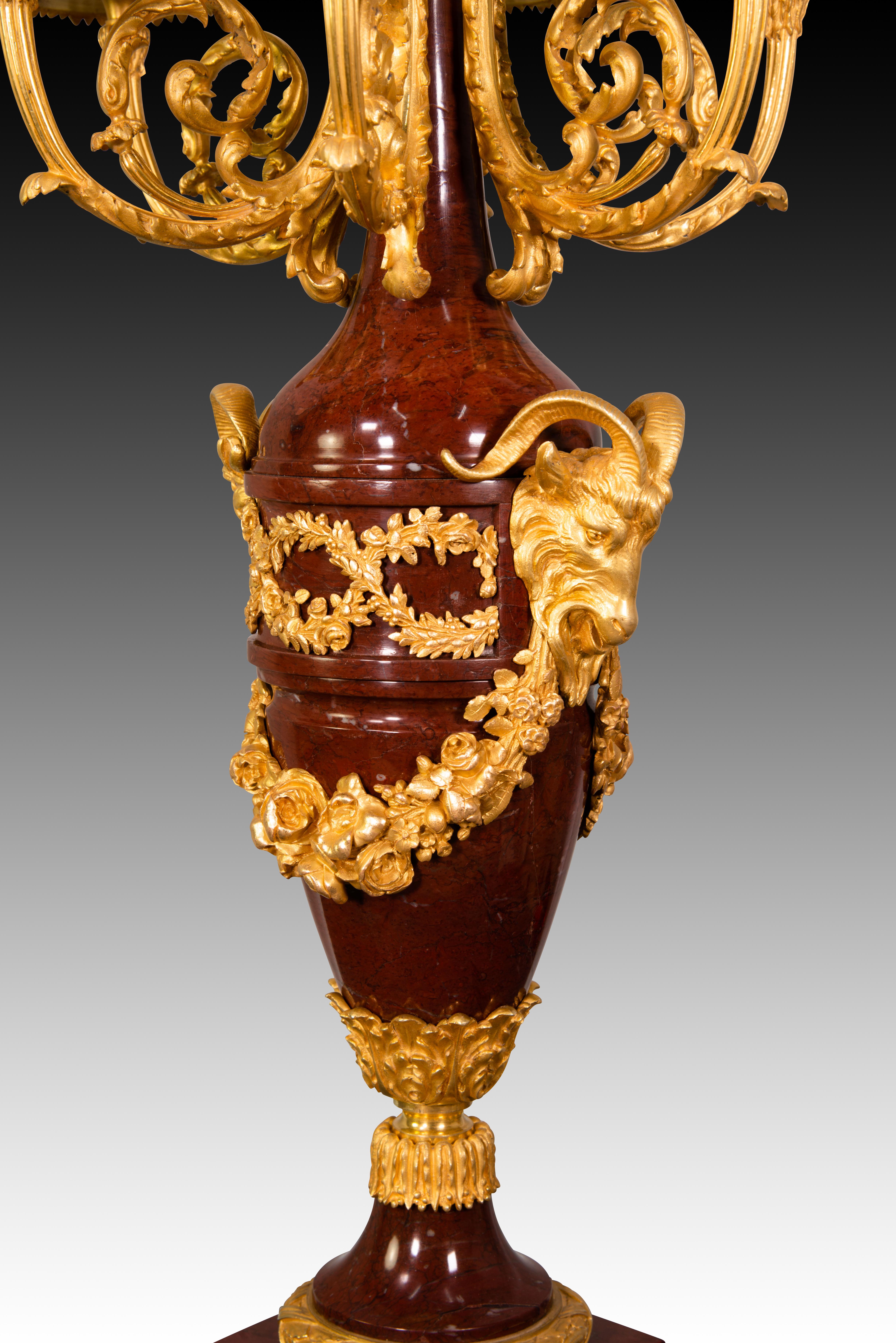 Bronze Pair of candelabras. Rouge Griotte marble, gilt bronze. France, 19th century For Sale