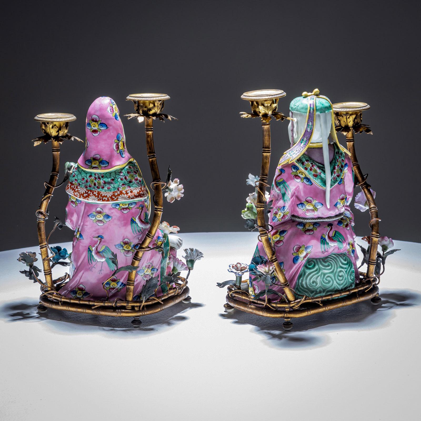 Pair of Candelabras with Chinoiserie Figures, Famille Rose Style, circa 1900 For Sale 6