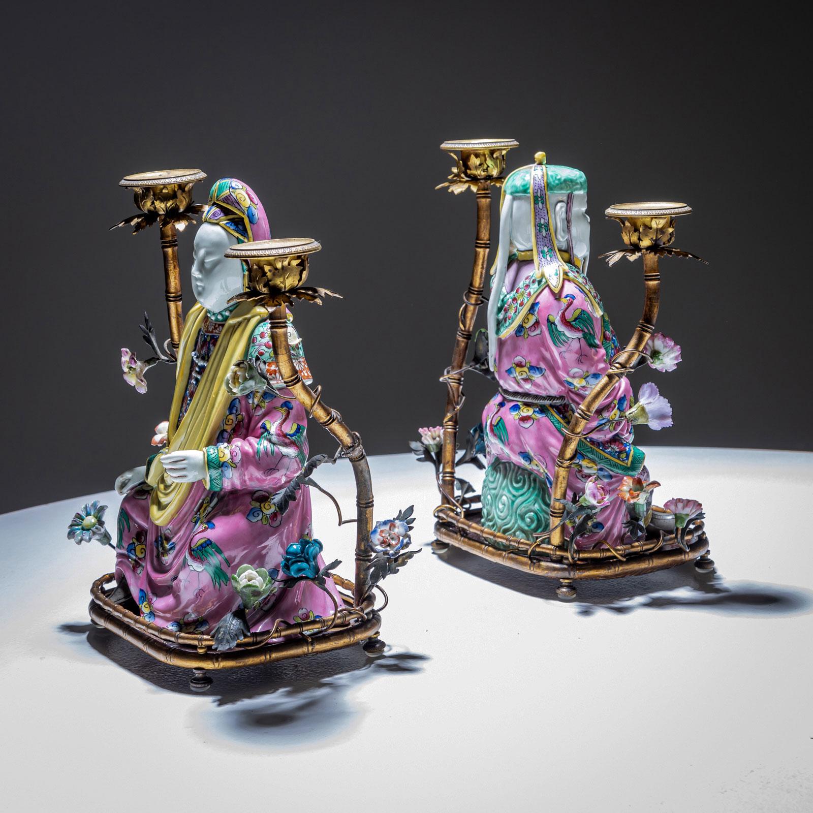 Ceramic Pair of Candelabras with Chinoiserie Figures, Famille Rose Style, circa 1900 For Sale