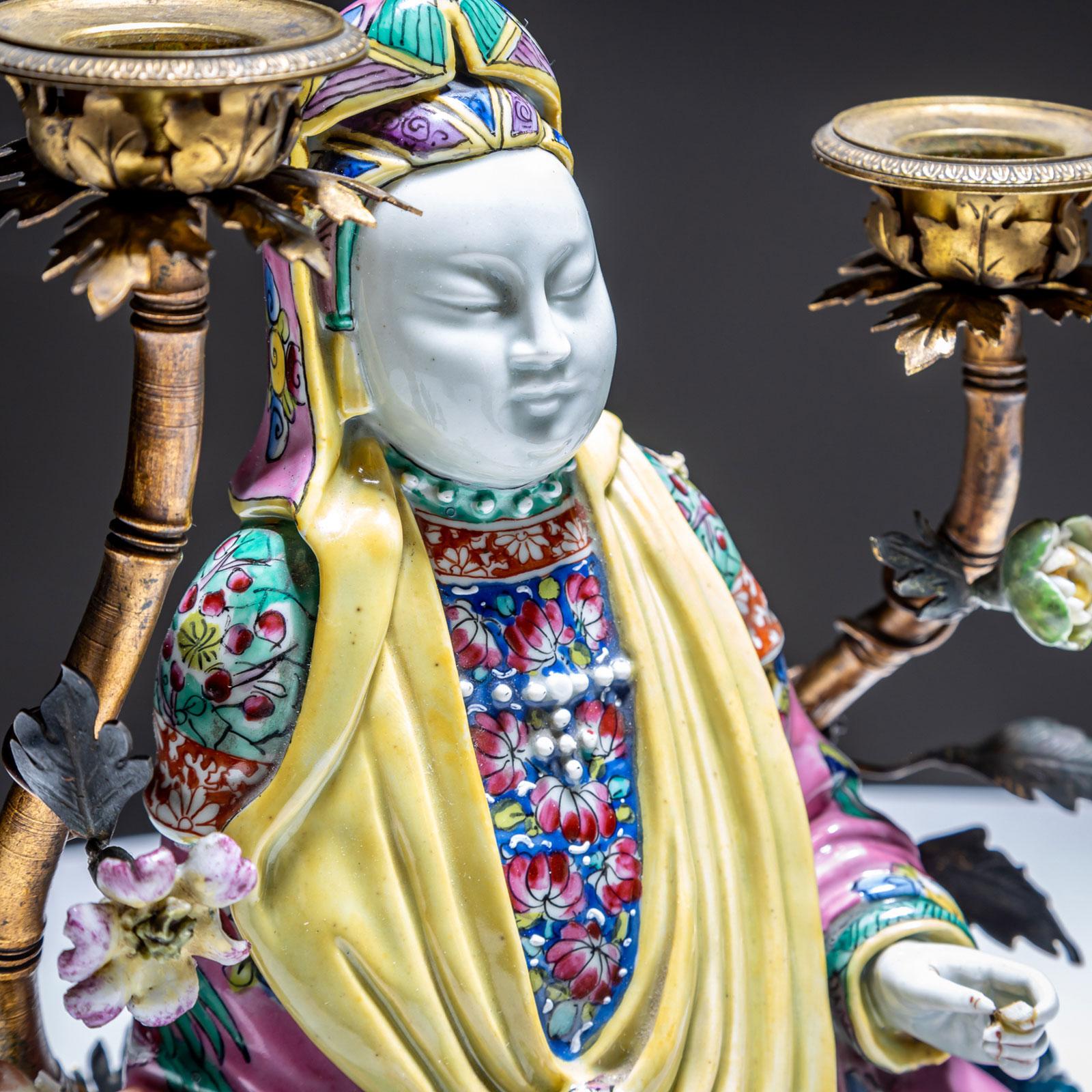 Pair of Candelabras with Chinoiserie Figures, Famille Rose Style, circa 1900 For Sale 2