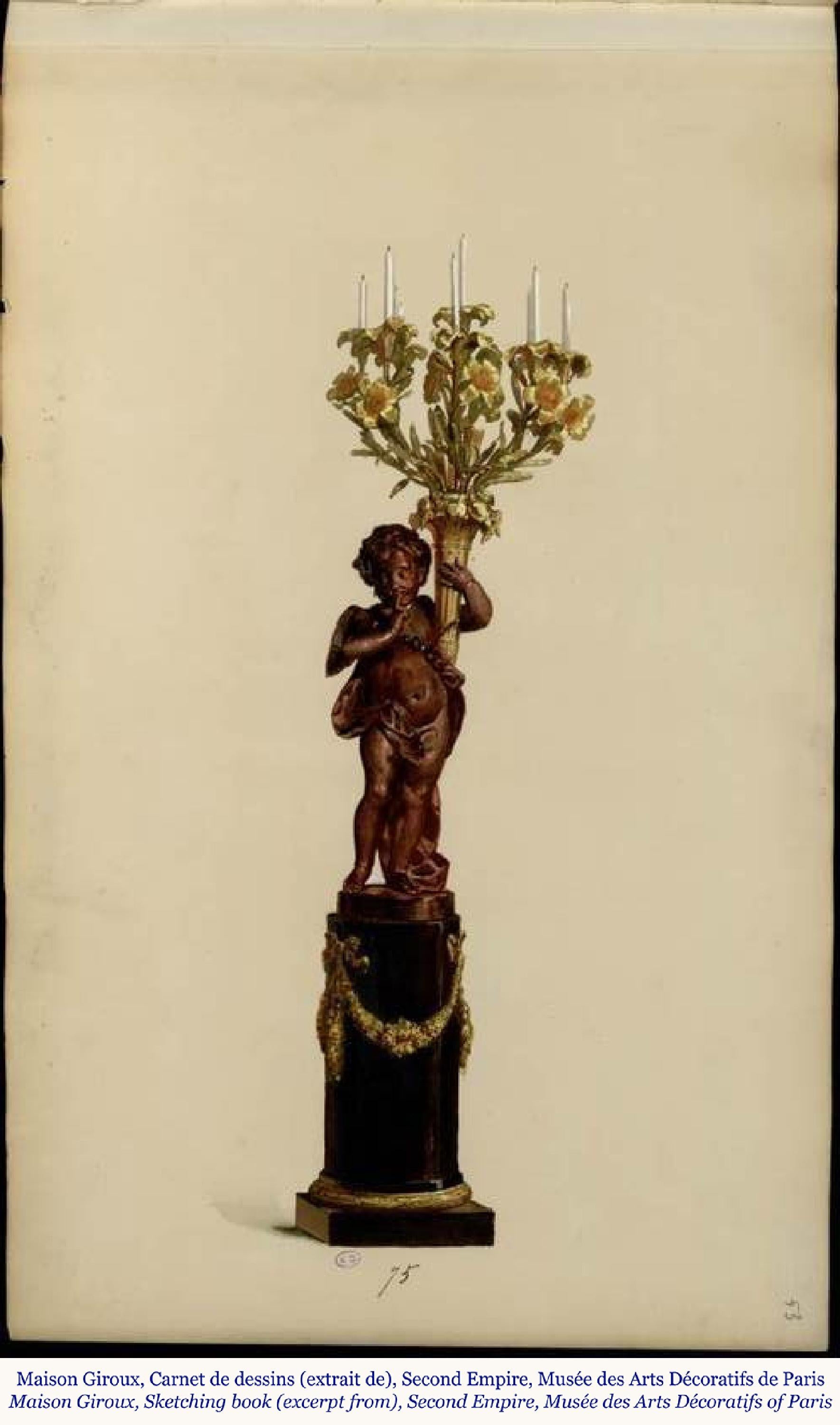 Questa splendida coppia di candelabri è stata realizzata da Auguste-Louis Marquis (bronzista) per la Maison Giroux intorno al 1855 in bronzo dorato, argentato e brunito, su un supporto cilindrico in legno annerito che poggia su una base