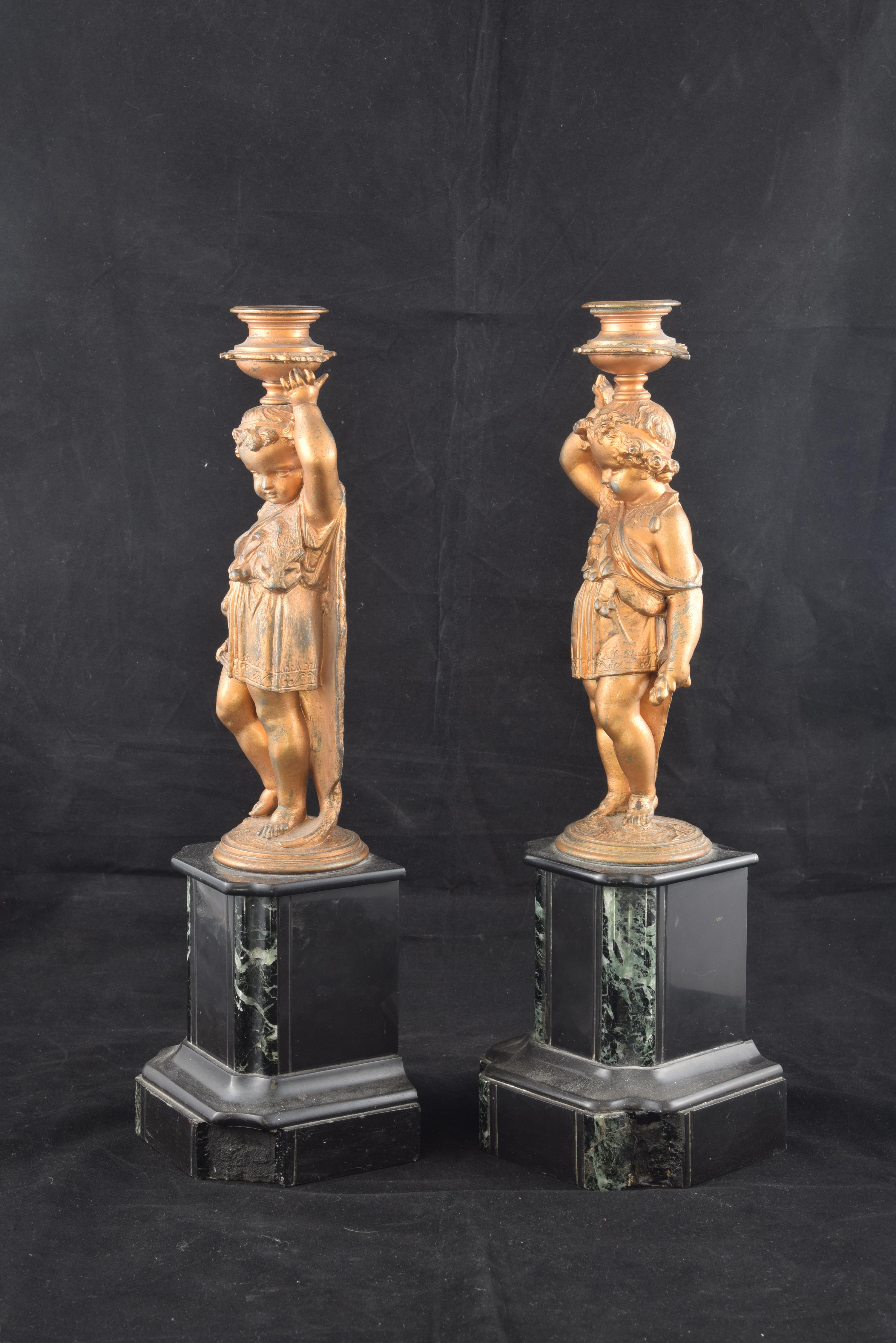 Neoclassical Pair of Candleholders, Calamine, Marble, France, 19th Century For Sale