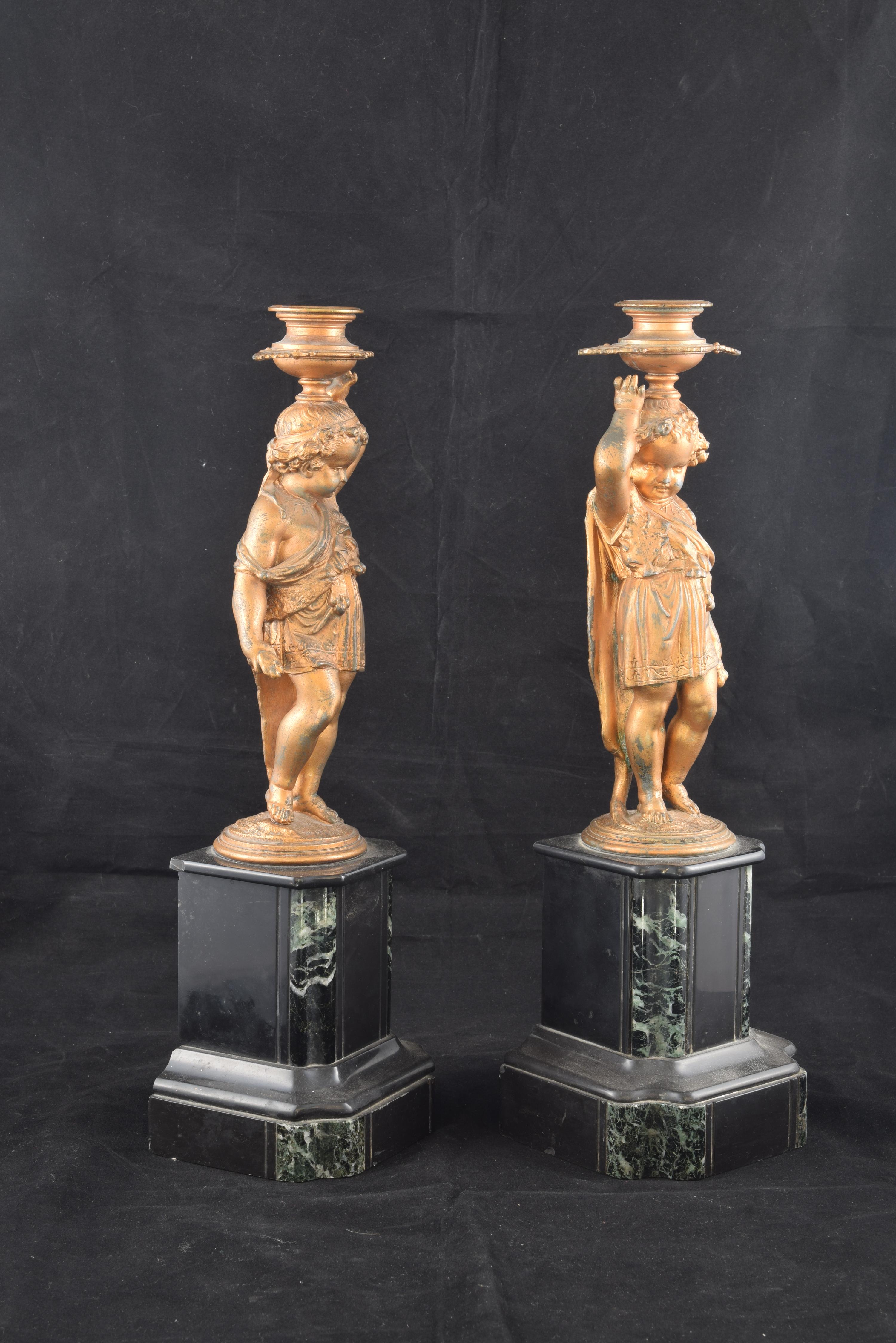 French Pair of Candleholders, Calamine, Marble, France, 19th Century For Sale