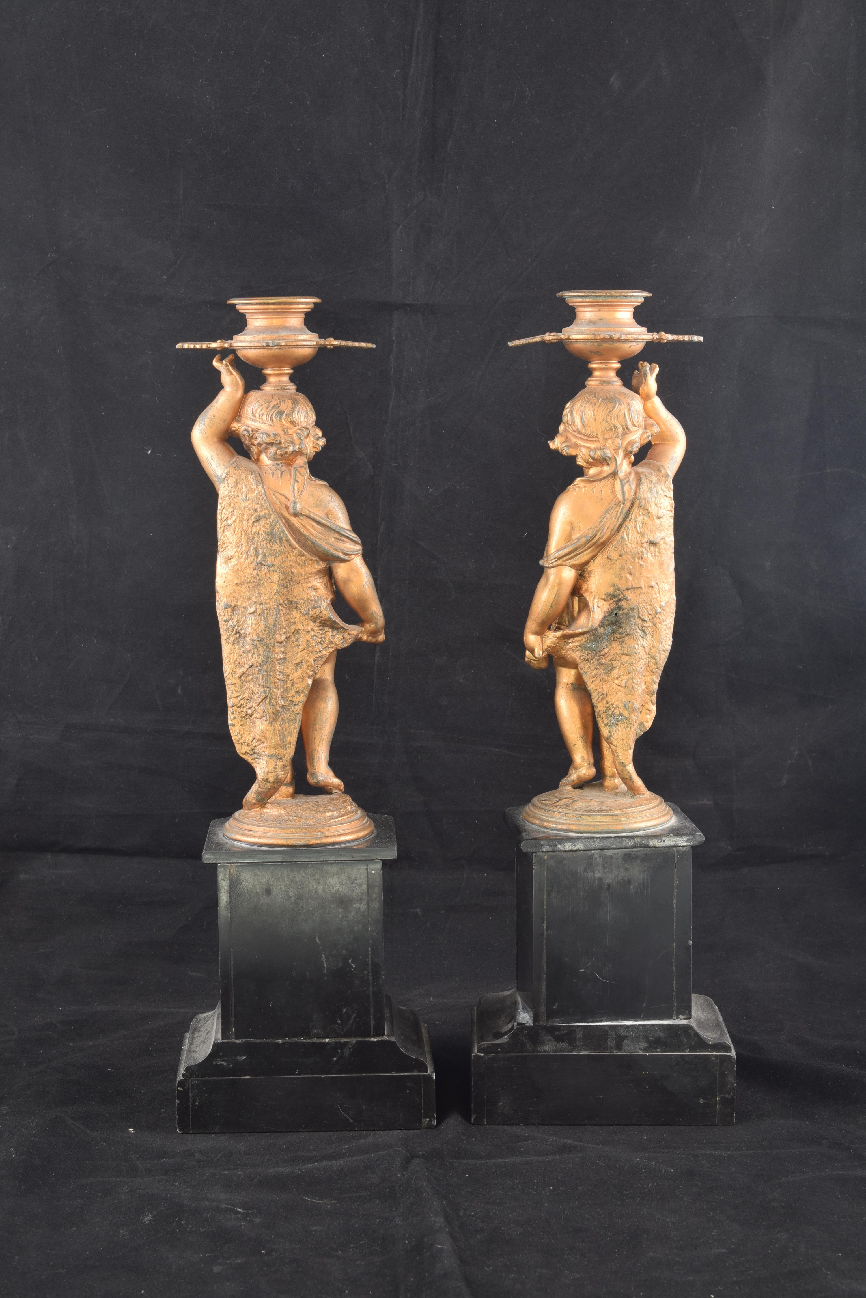 Pair of Candleholders, Calamine, Marble, France, 19th Century In Fair Condition For Sale In Madrid, ES