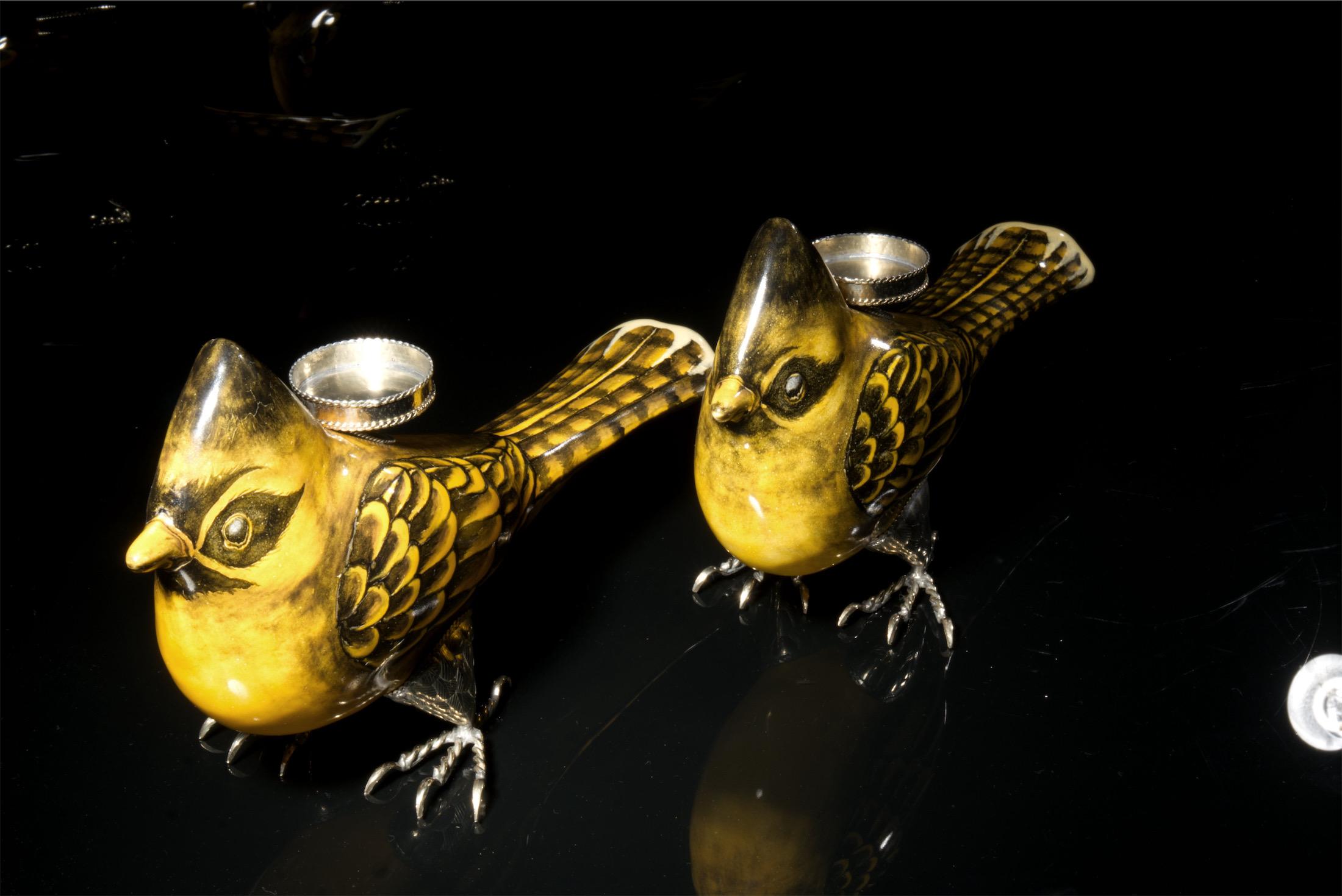 Pair of Candle Holders Ceramic Bird and White Metal by Estudio Guerrero For Sale 3