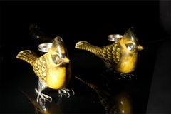 Pair of Candle Holders Ceramic Bird and White Metal by Estudio Guerrero