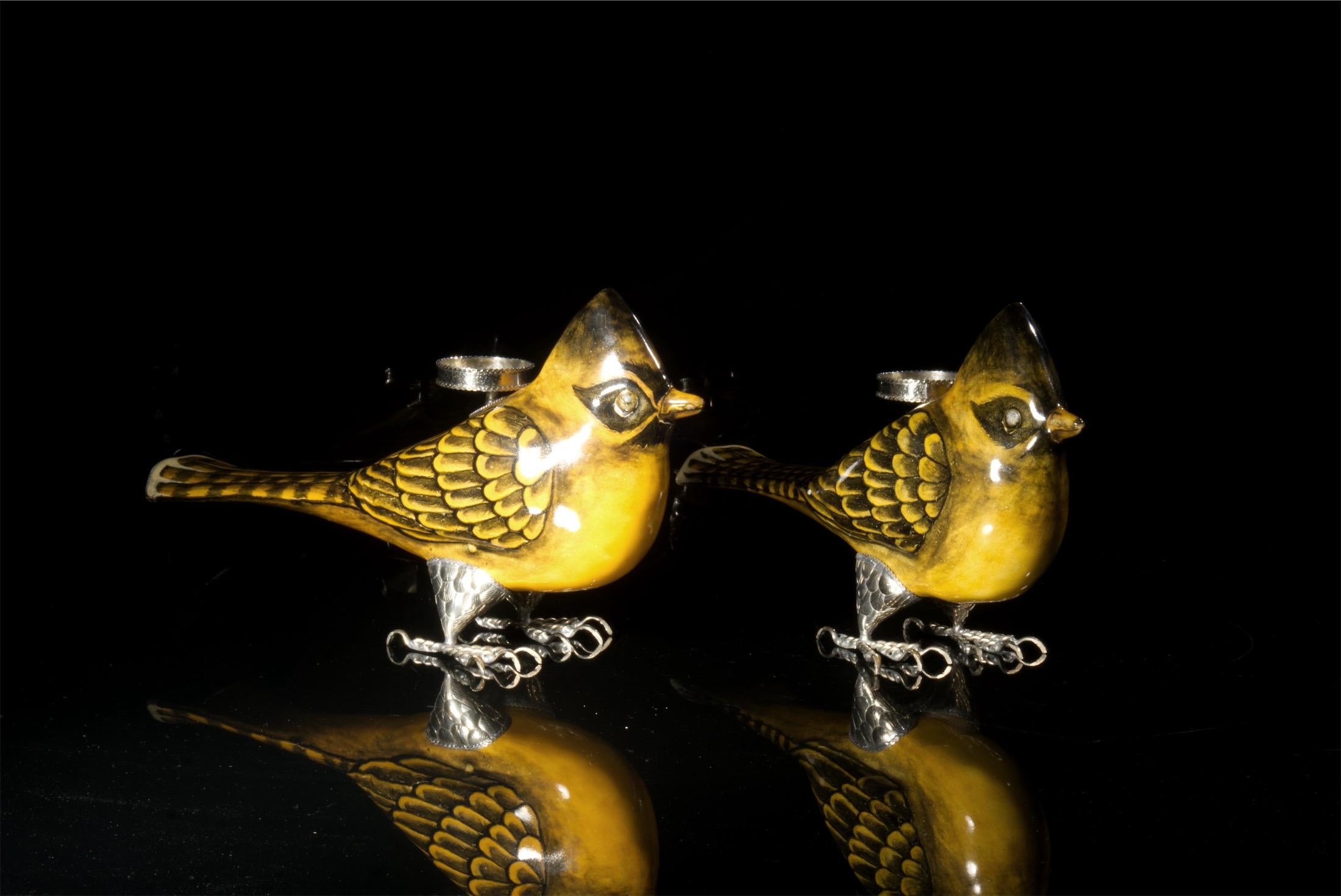Other Pair of Candle Holders Ceramic Bird and White Metal by Estudio Guerrero For Sale