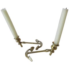 Pair of Candleholders Nautical Anchors in Polished Brass