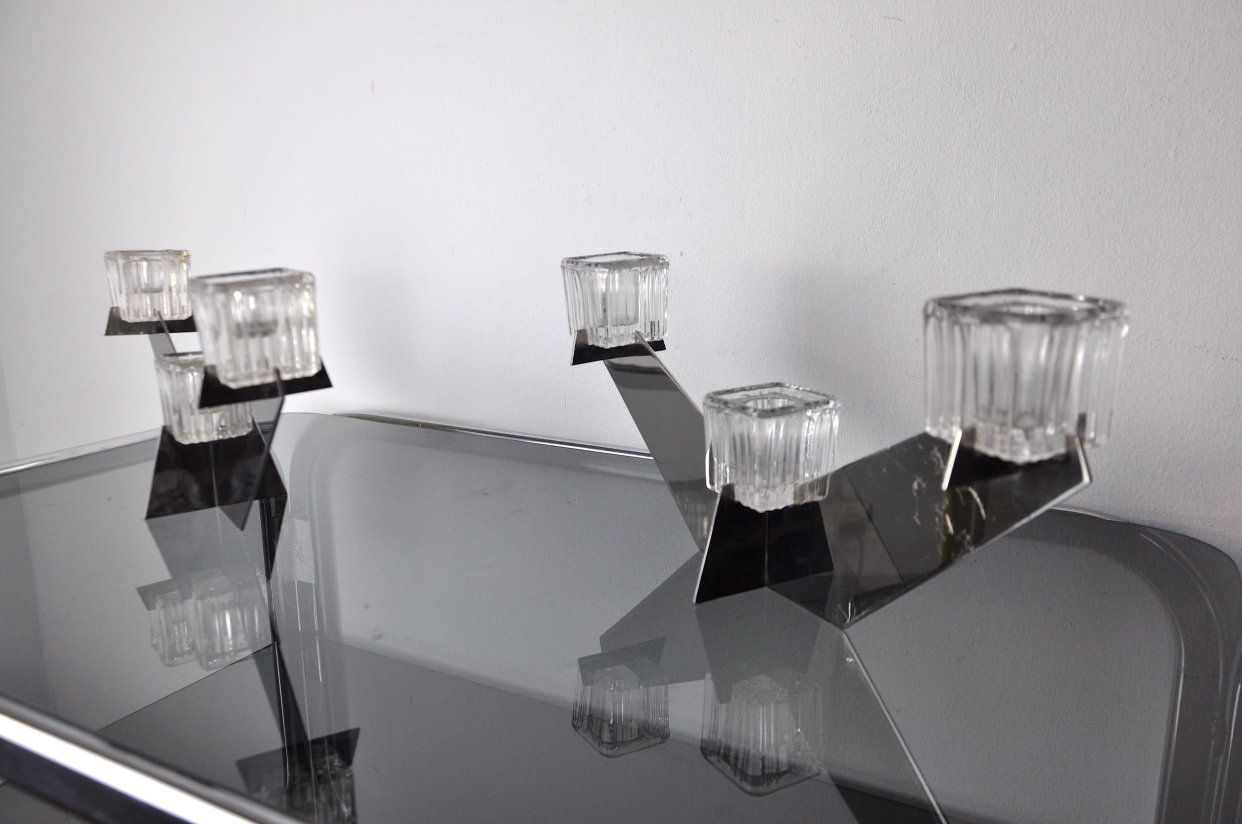 Hollywood Regency Pair of Candle Holders Peill & Putzler, Glass and Metal, Germany, 1970 For Sale