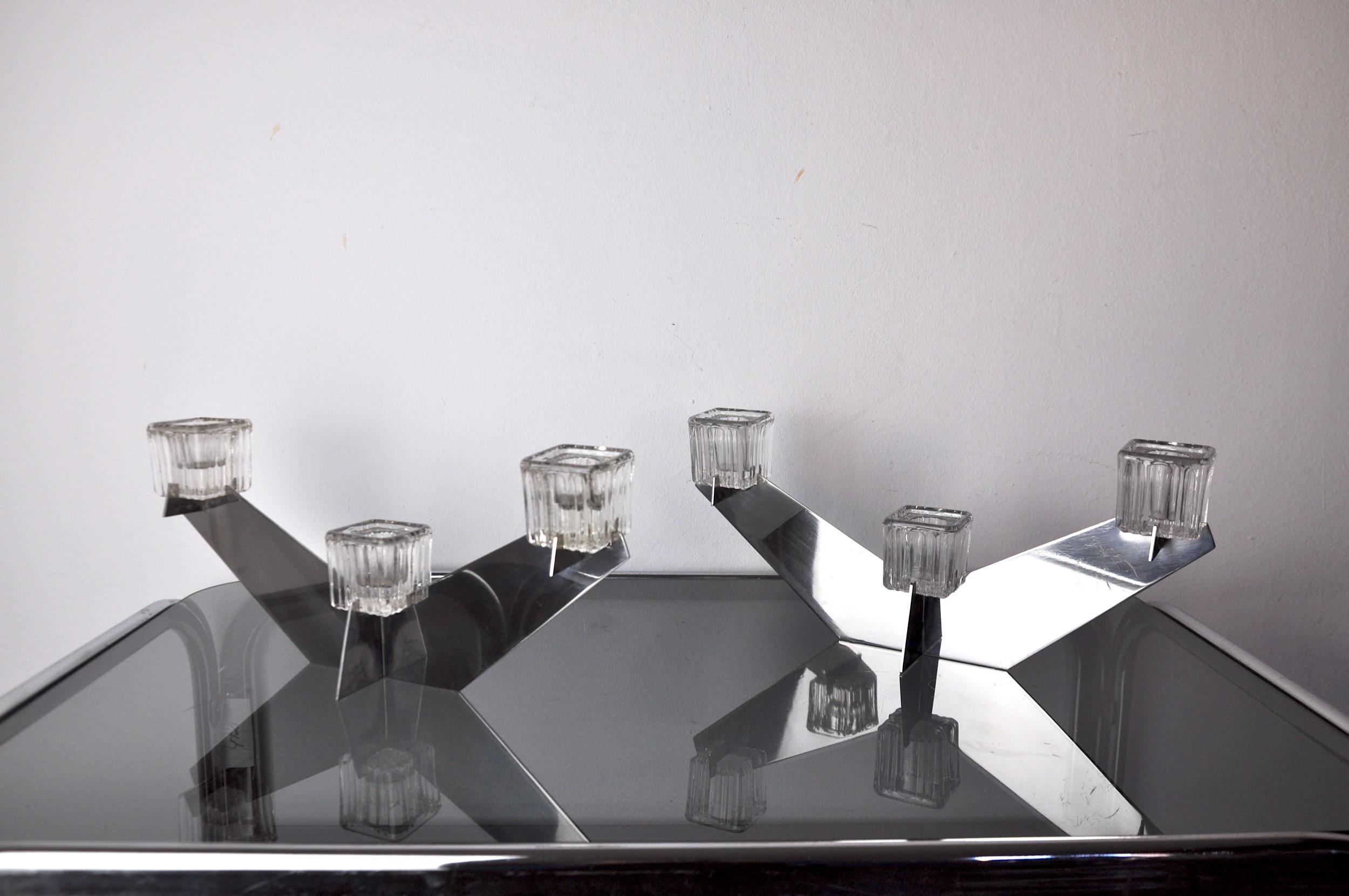 Pair of Candle Holders Peill & Putzler, Glass and Metal, Germany, 1970 In Good Condition For Sale In BARCELONA, ES