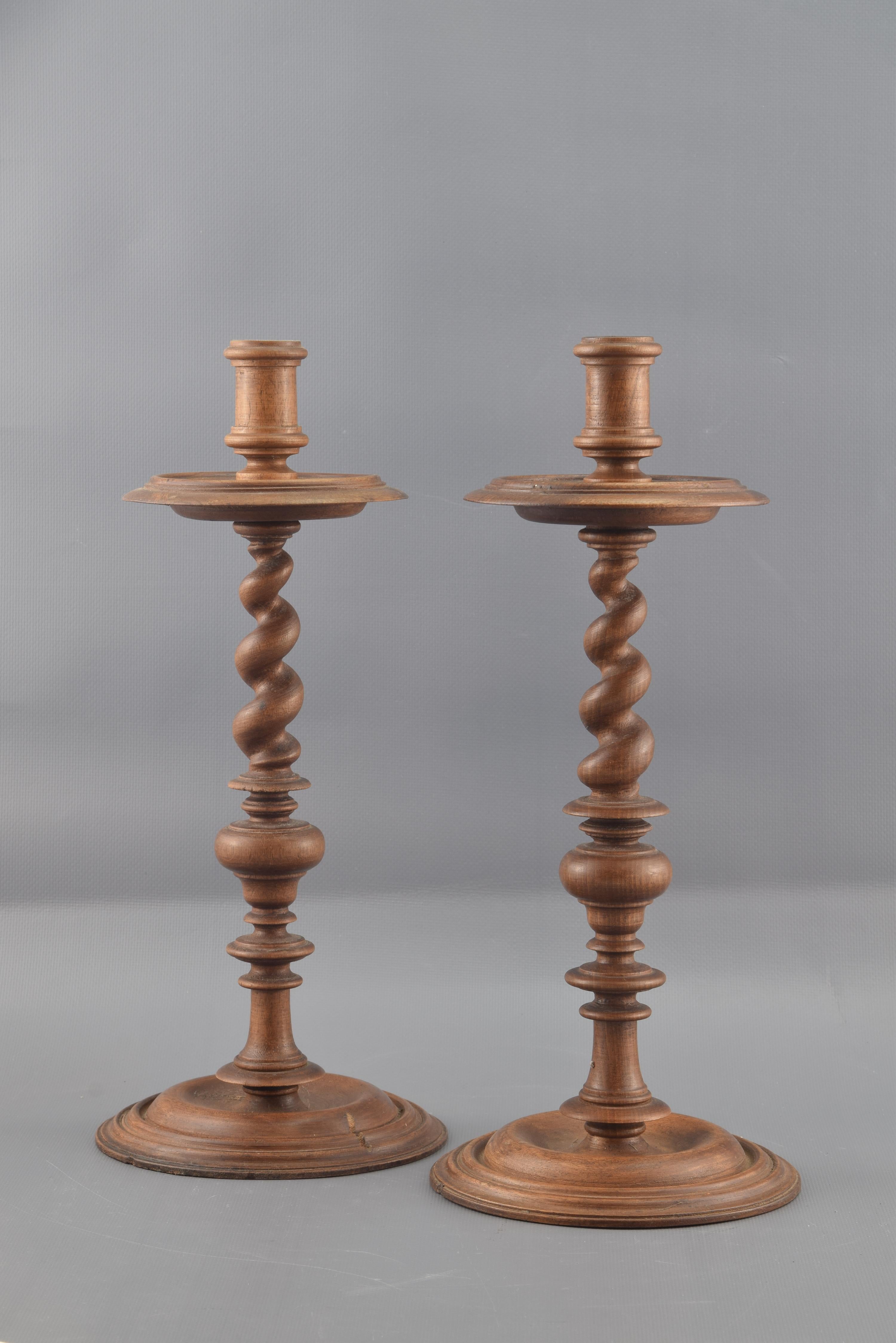 Other Pair of Candleholders, Turned Wood, 20th Century