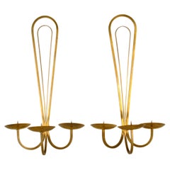 Pair of Candle Sconces for Three Candles in Brass, 1950's