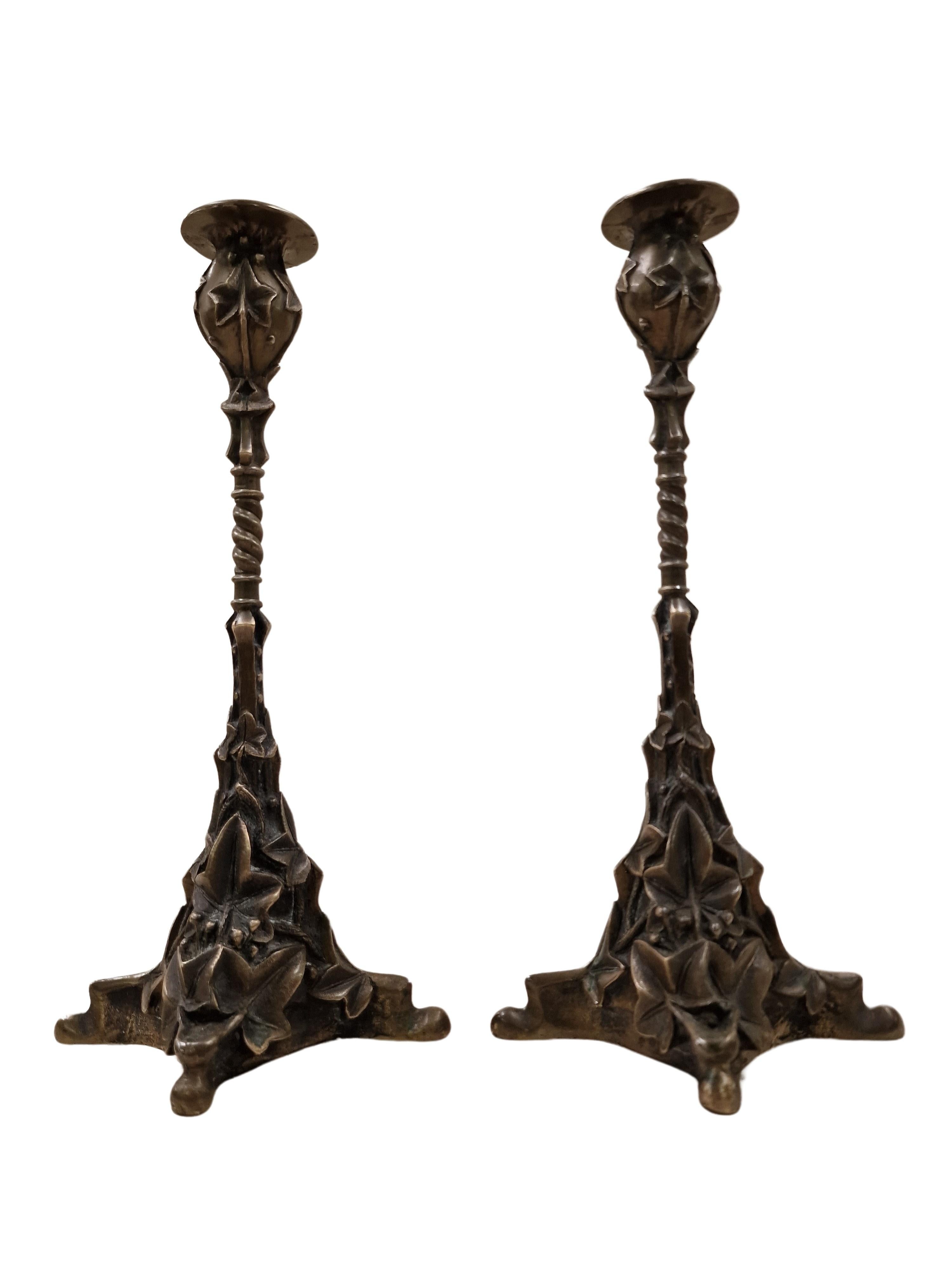 Bronze Pair of candle sticks holders, solid bronze, ivy decor, Art Nouveau 1890, Europe For Sale