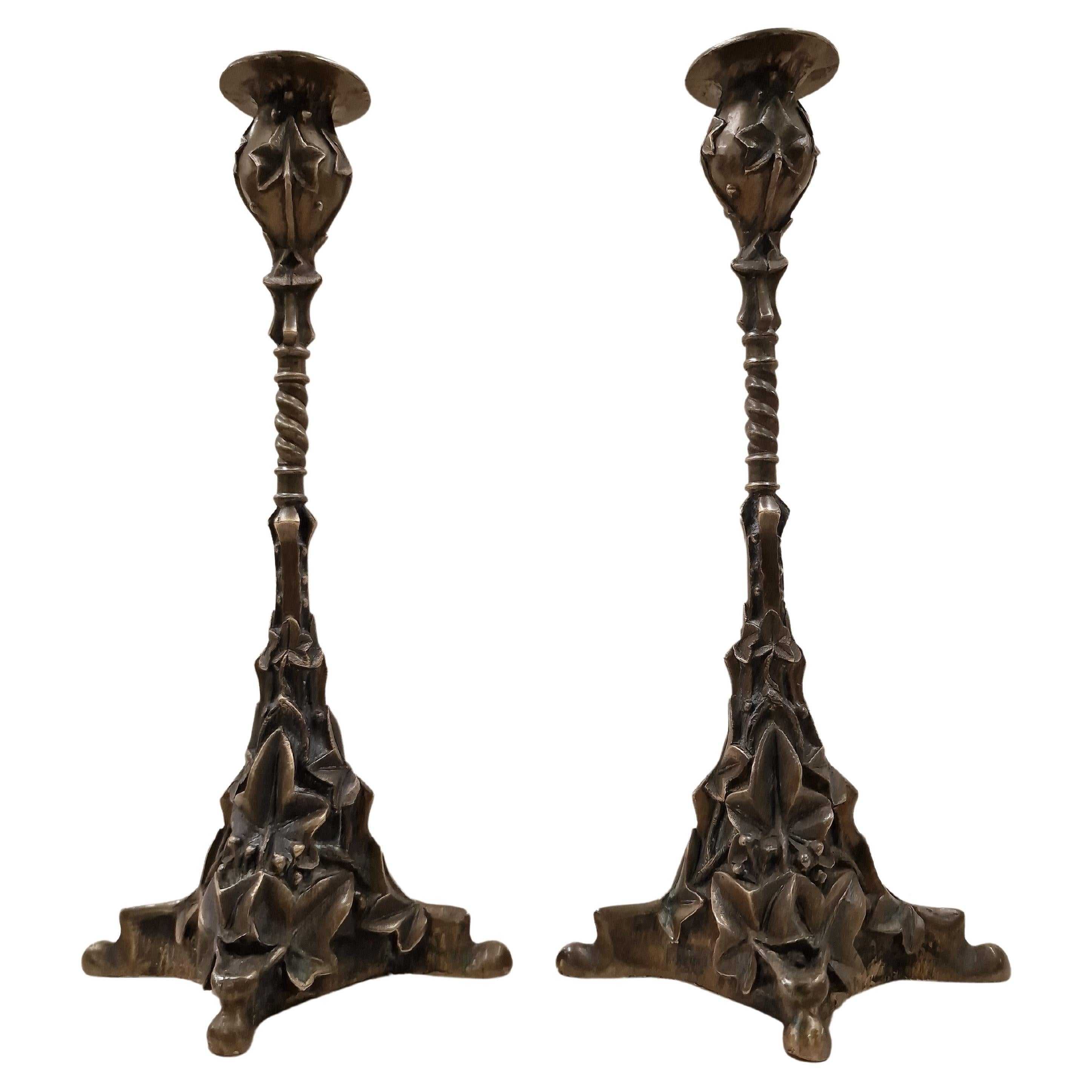 Pair of candle sticks holders, solid bronze, ivy decor, Art Nouveau 1890, Europe For Sale