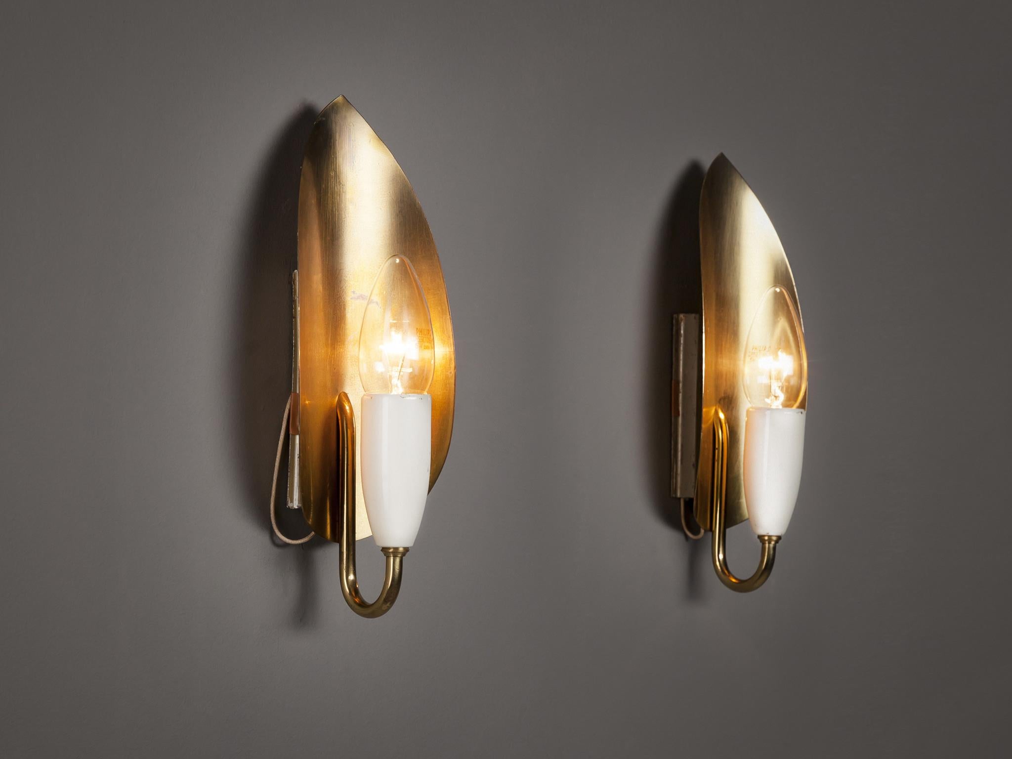 European Pair of Candle Wall Lights in Brass