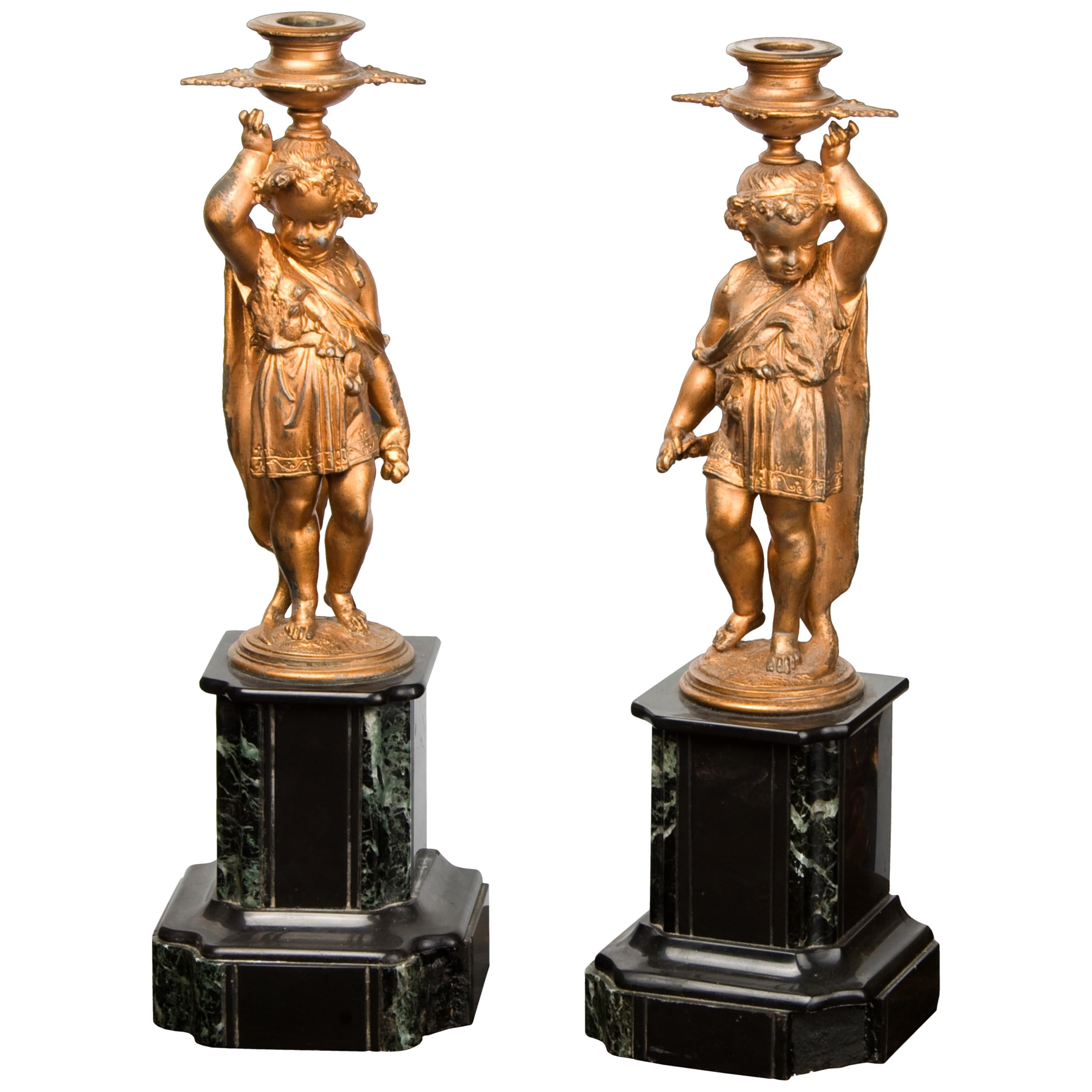 Pair of Candleholders, Calamine, Marble, France, 19th Century