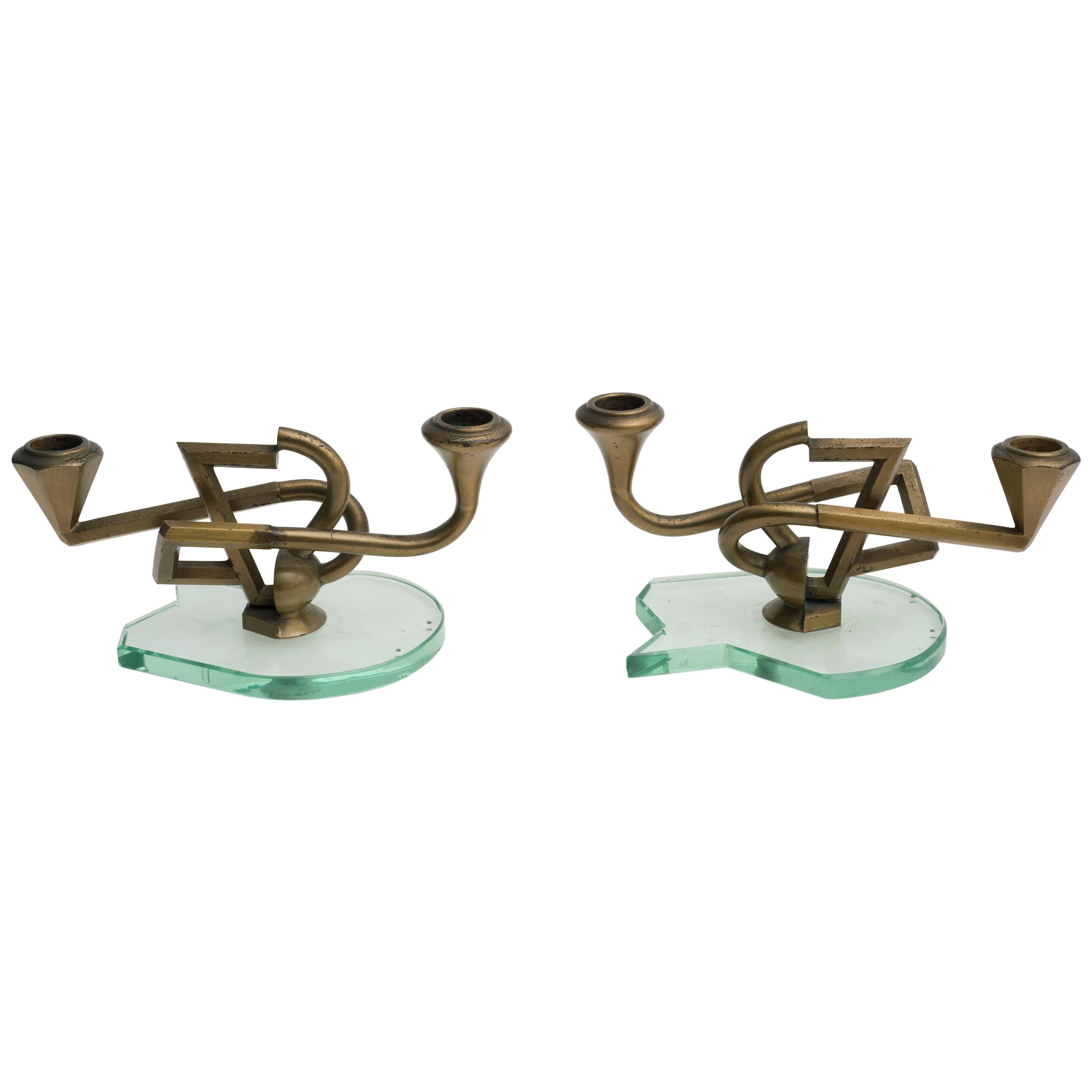 Pair of Candleholders in Brass and Crystal, Italian Production, 1950s