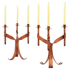 Pair of Candleholders in Coppered Wrought Iron, Gothic Revival