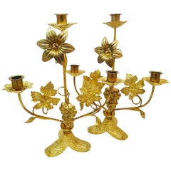 Antique Pair of Candleholders Thanksgiving Brass, France, 19th Century