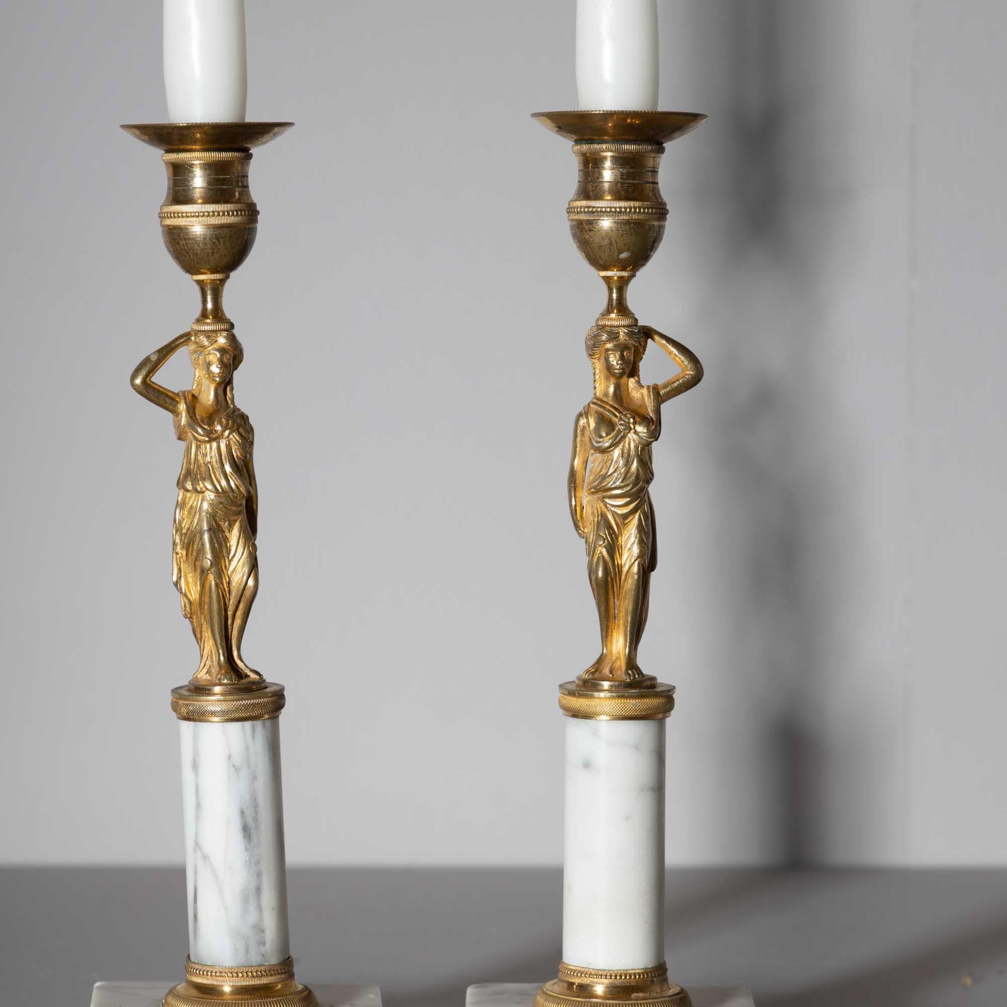 Neoclassical Pair of Candleholders with Karyatids, Bronze & Marble, Berlin Early 19th Century For Sale