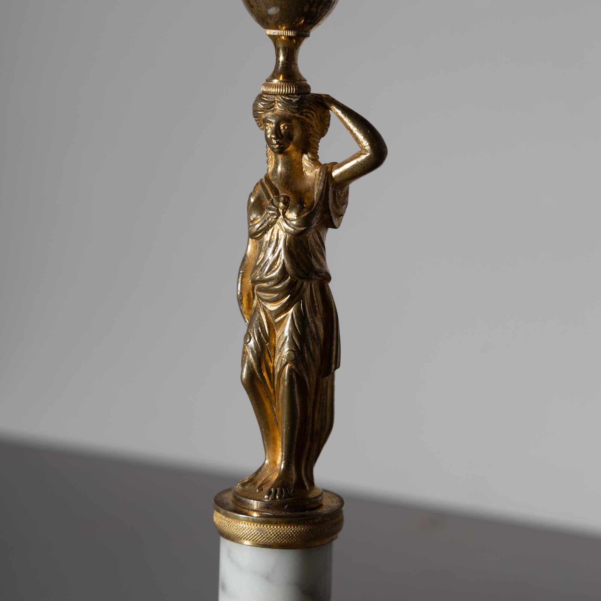 German Pair of Candleholders with Karyatids, Bronze & Marble, Berlin Early 19th Century For Sale