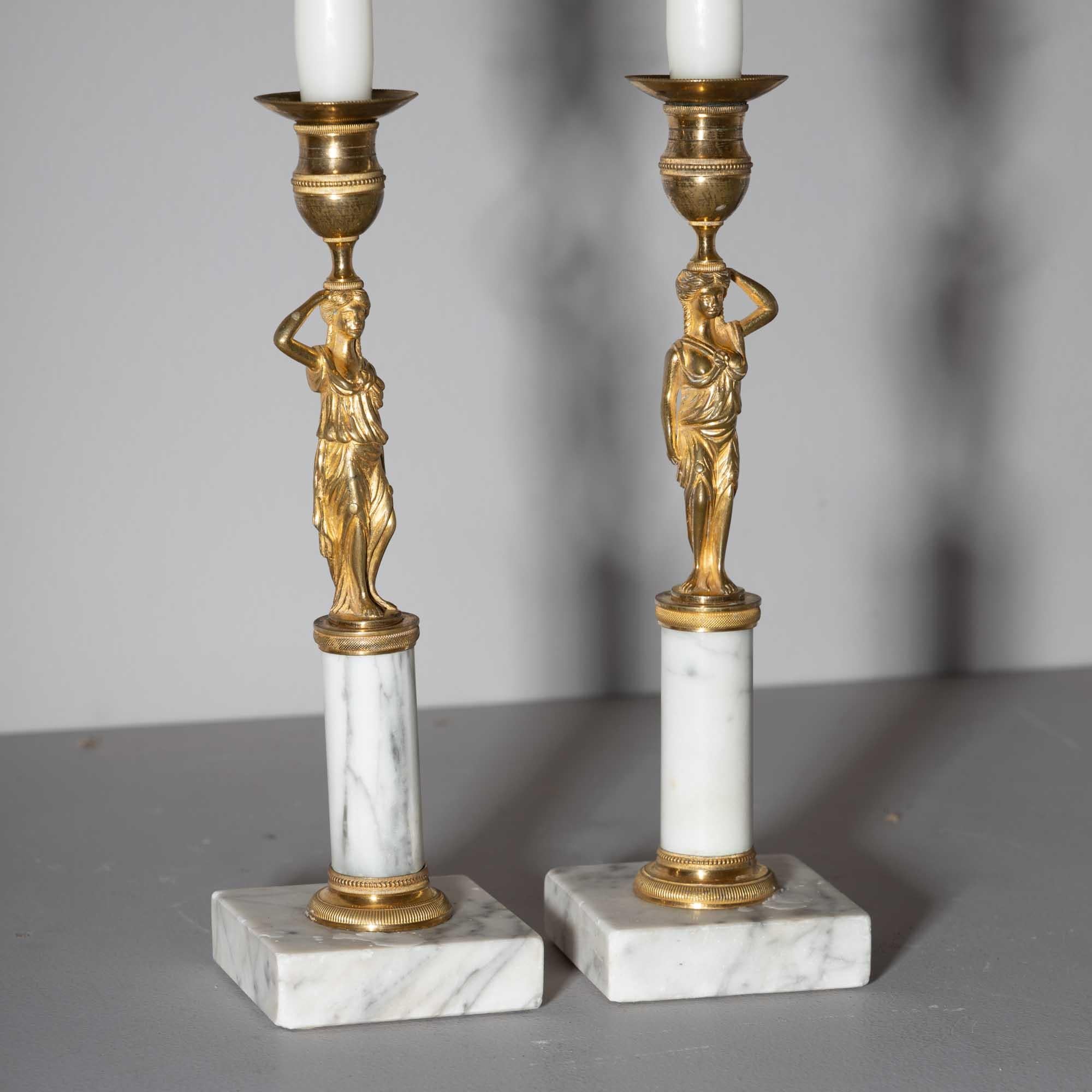 Pair of Candleholders with Karyatids, Bronze & Marble, Berlin Early 19th Century In Good Condition For Sale In New York, NY