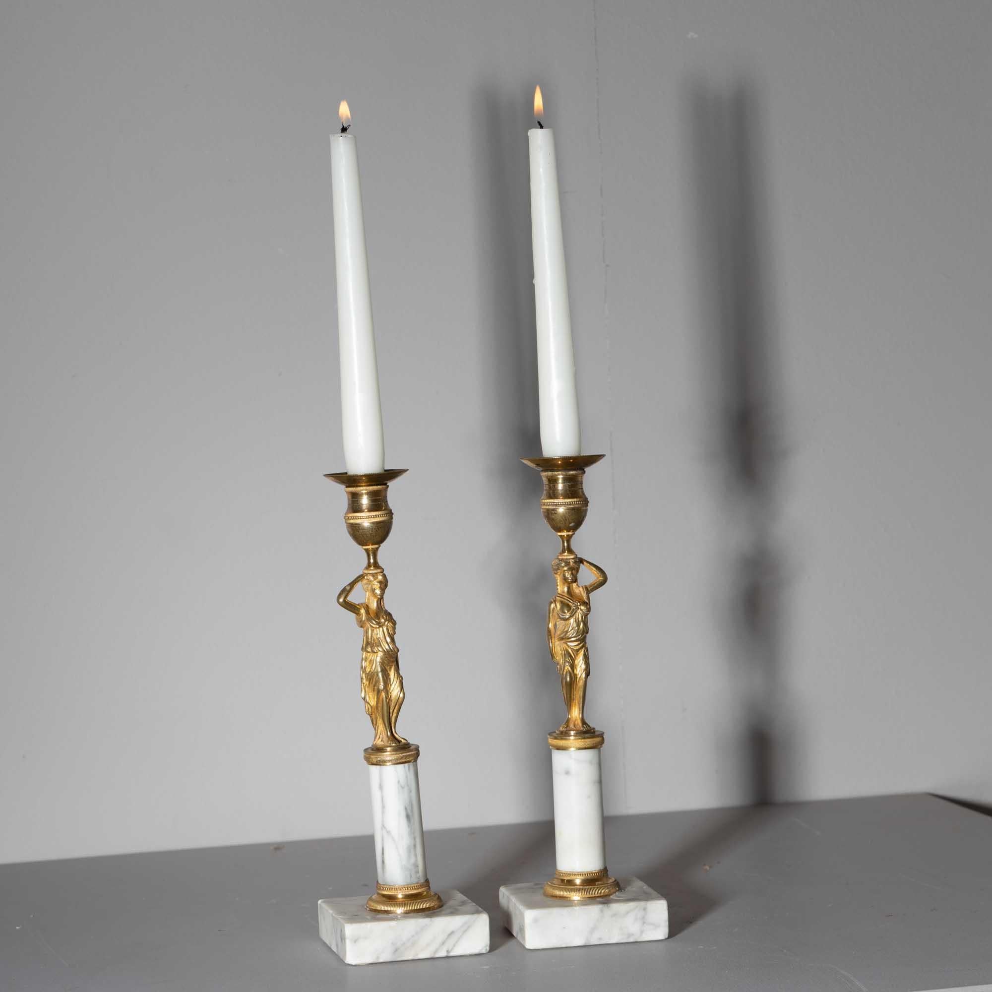 Pair of Candleholders with Karyatids, Bronze & Marble, Berlin Early 19th Century For Sale 2