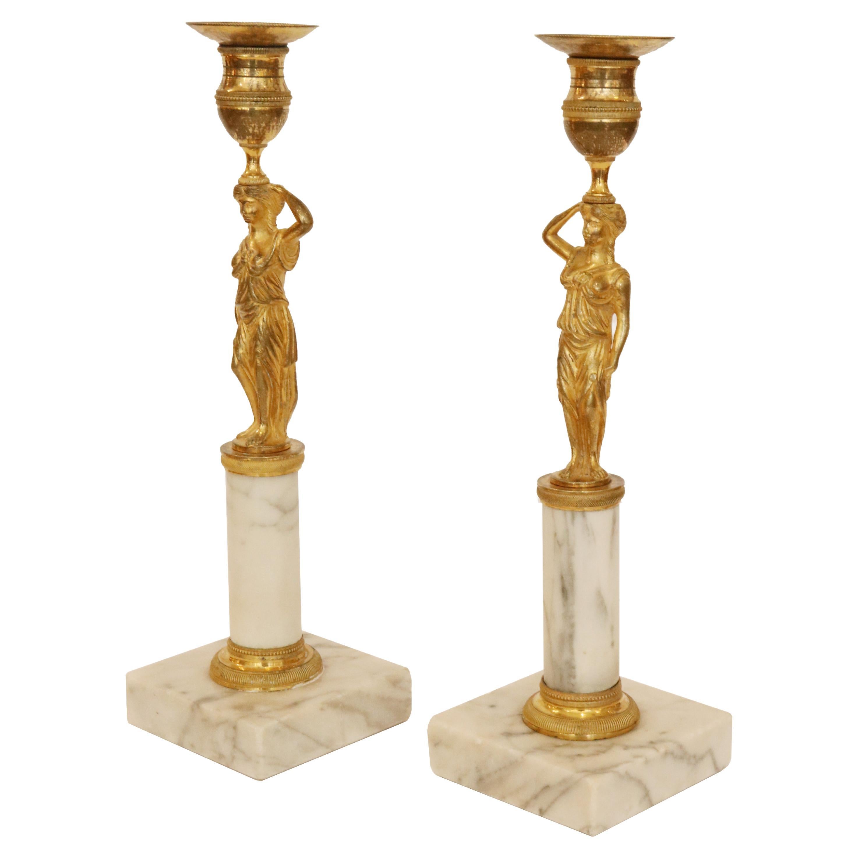 Pair of Candleholders with Karyatids, Bronze & Marble, Berlin Early 19th Century For Sale