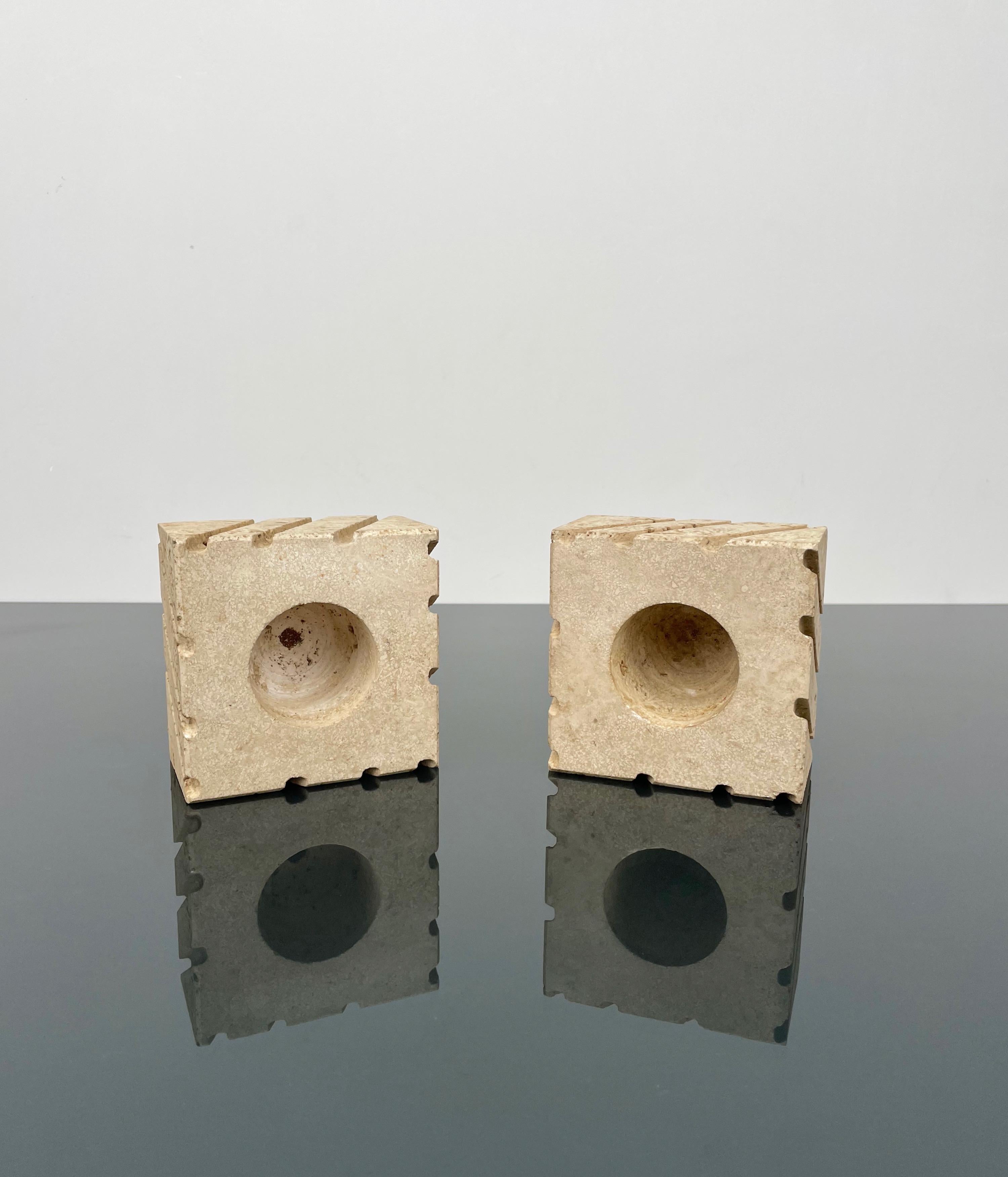 Pair of Candles Holders in Travertine Fratelli Mannelli, Italy 1970s For Sale 3