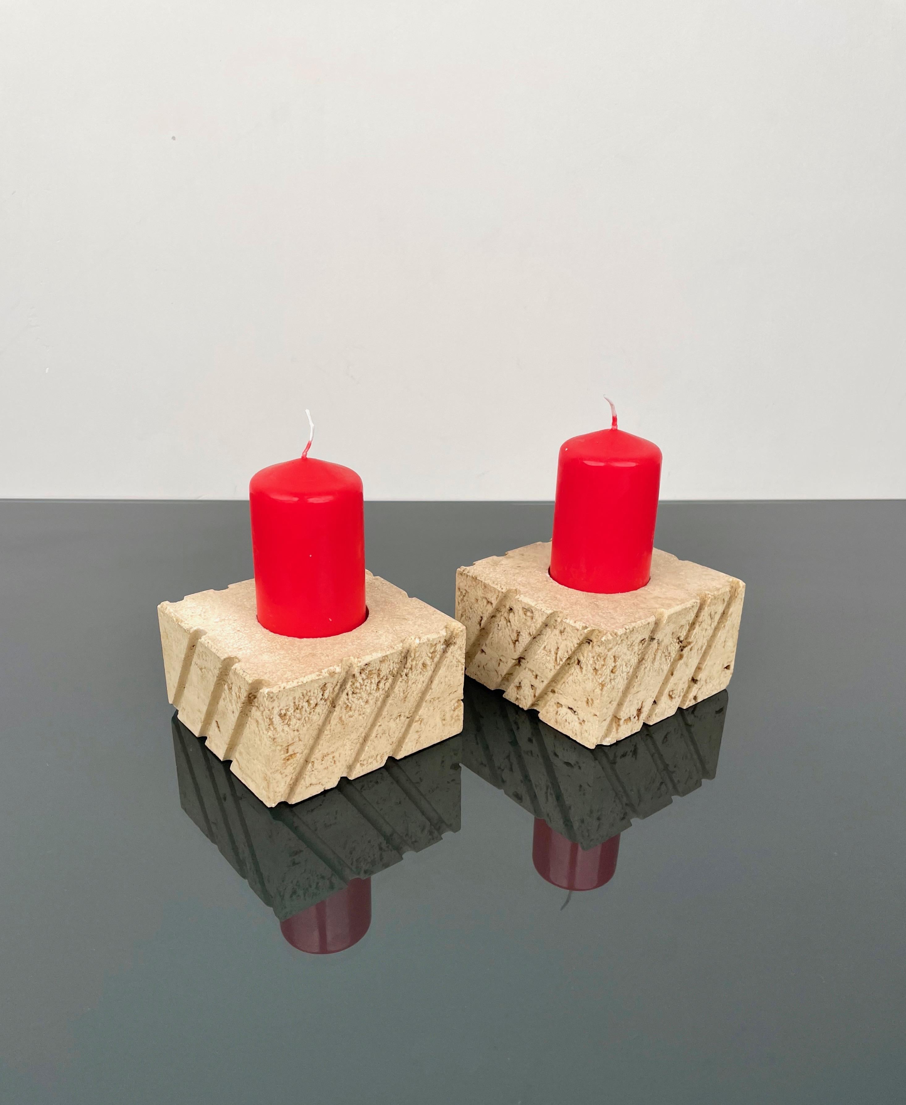 Mid-Century Modern Pair of Candles Holders in Travertine Fratelli Mannelli, Italy 1970s For Sale