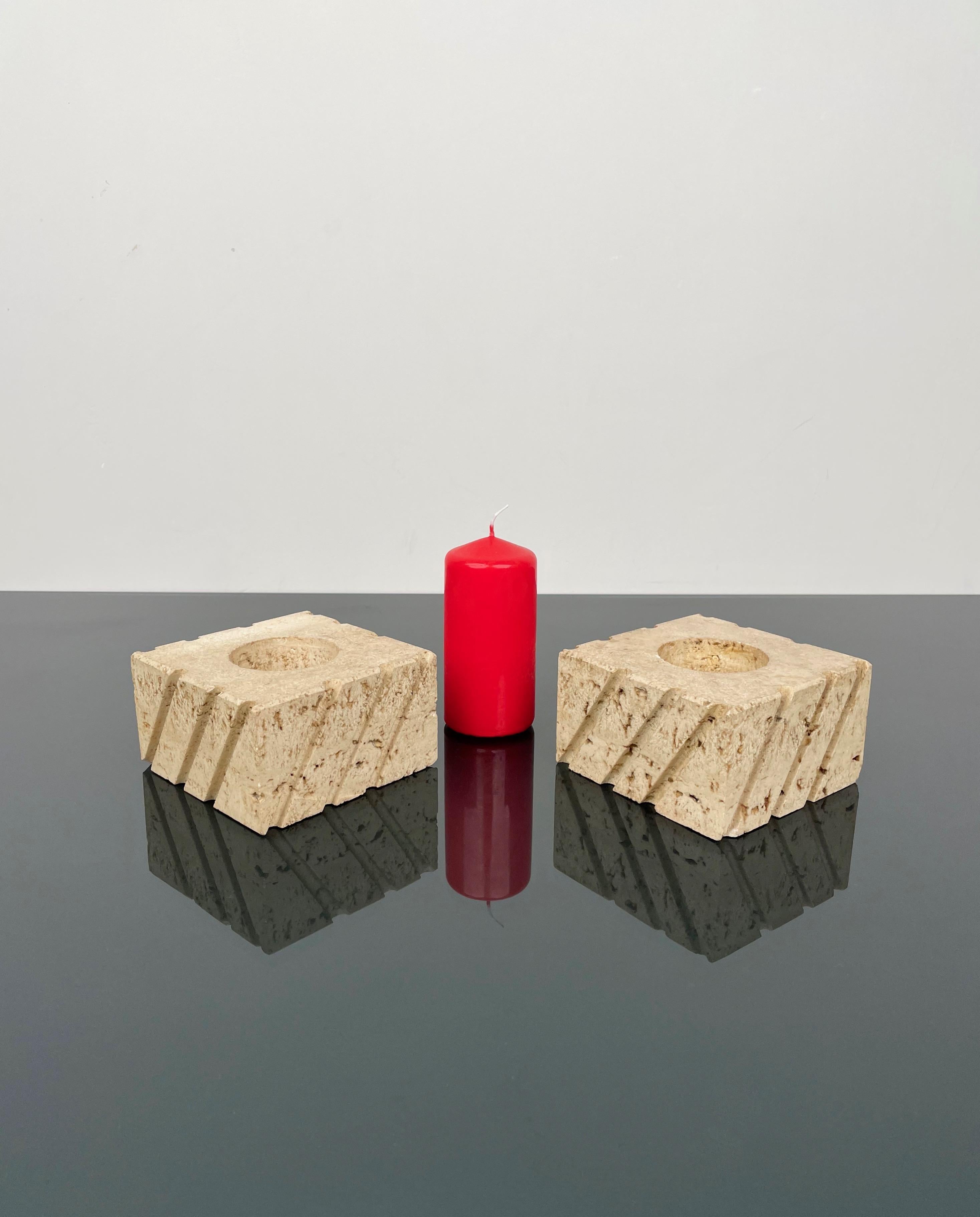 Italian Pair of Candles Holders in Travertine Fratelli Mannelli, Italy 1970s For Sale