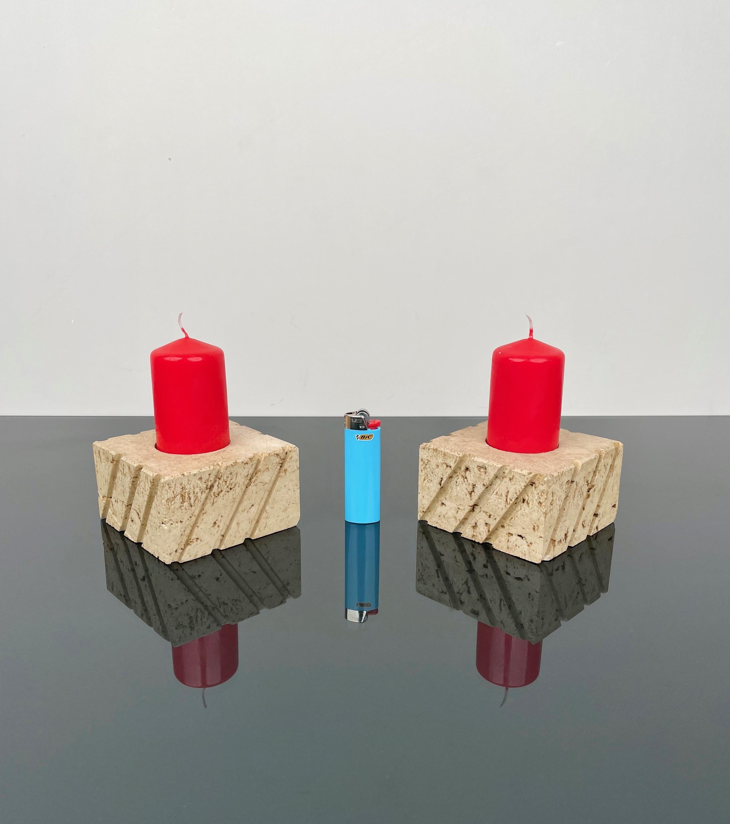 Pair of Candles Holders in Travertine Fratelli Mannelli, Italy 1970s In Good Condition For Sale In Rome, IT