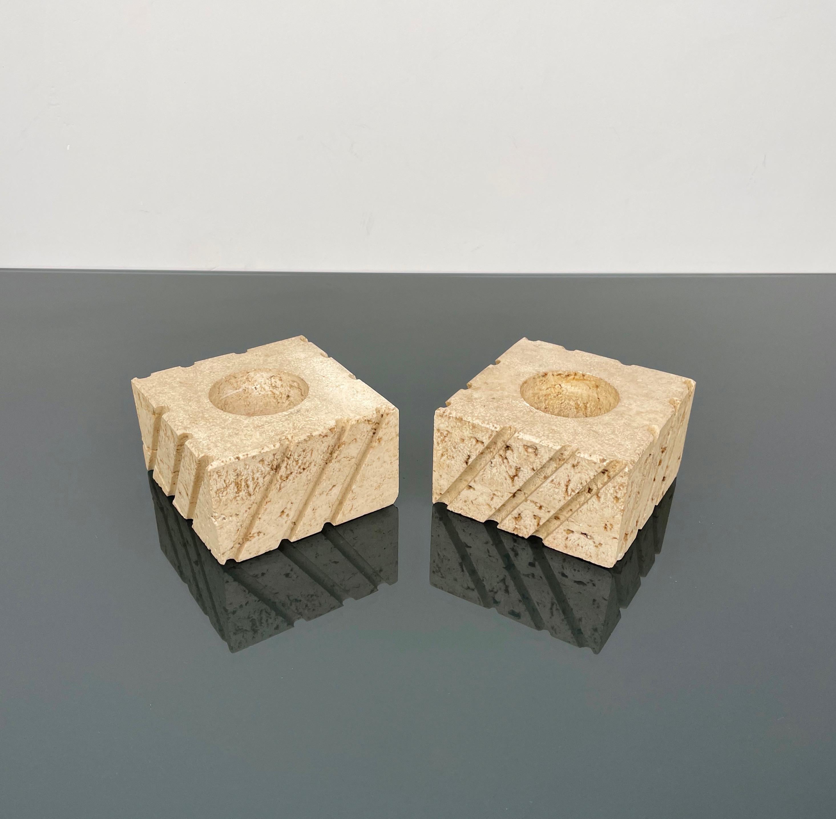 Pair of Candles Holders in Travertine Fratelli Mannelli, Italy 1970s For Sale 1